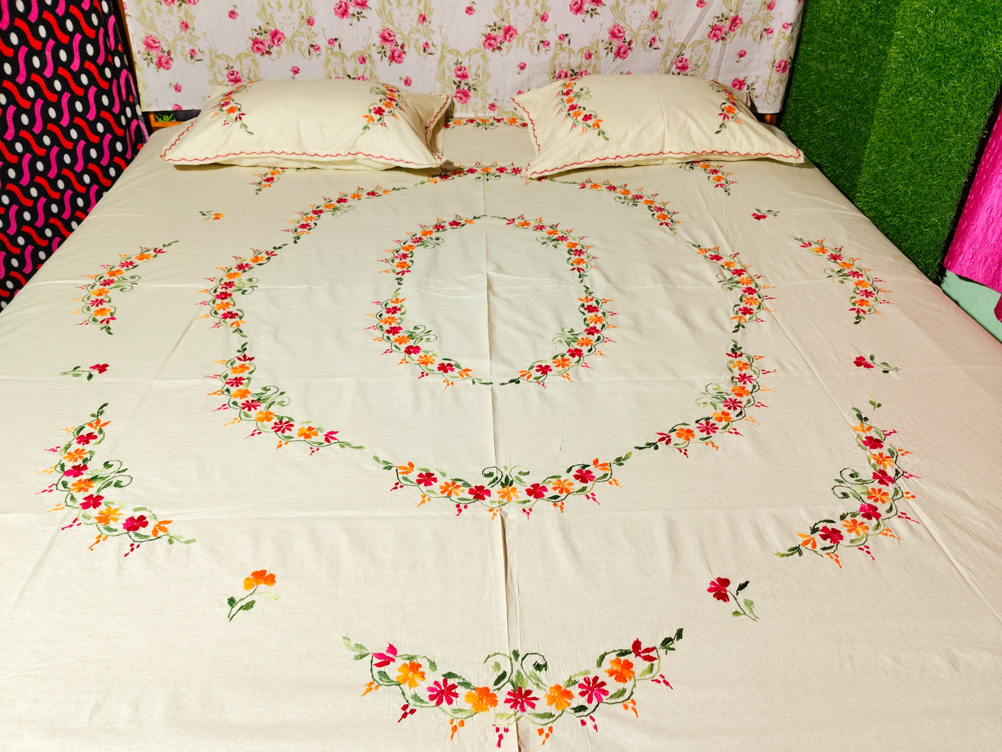 Chikonwala's Hand Embroidered Floral Design Bedsheet