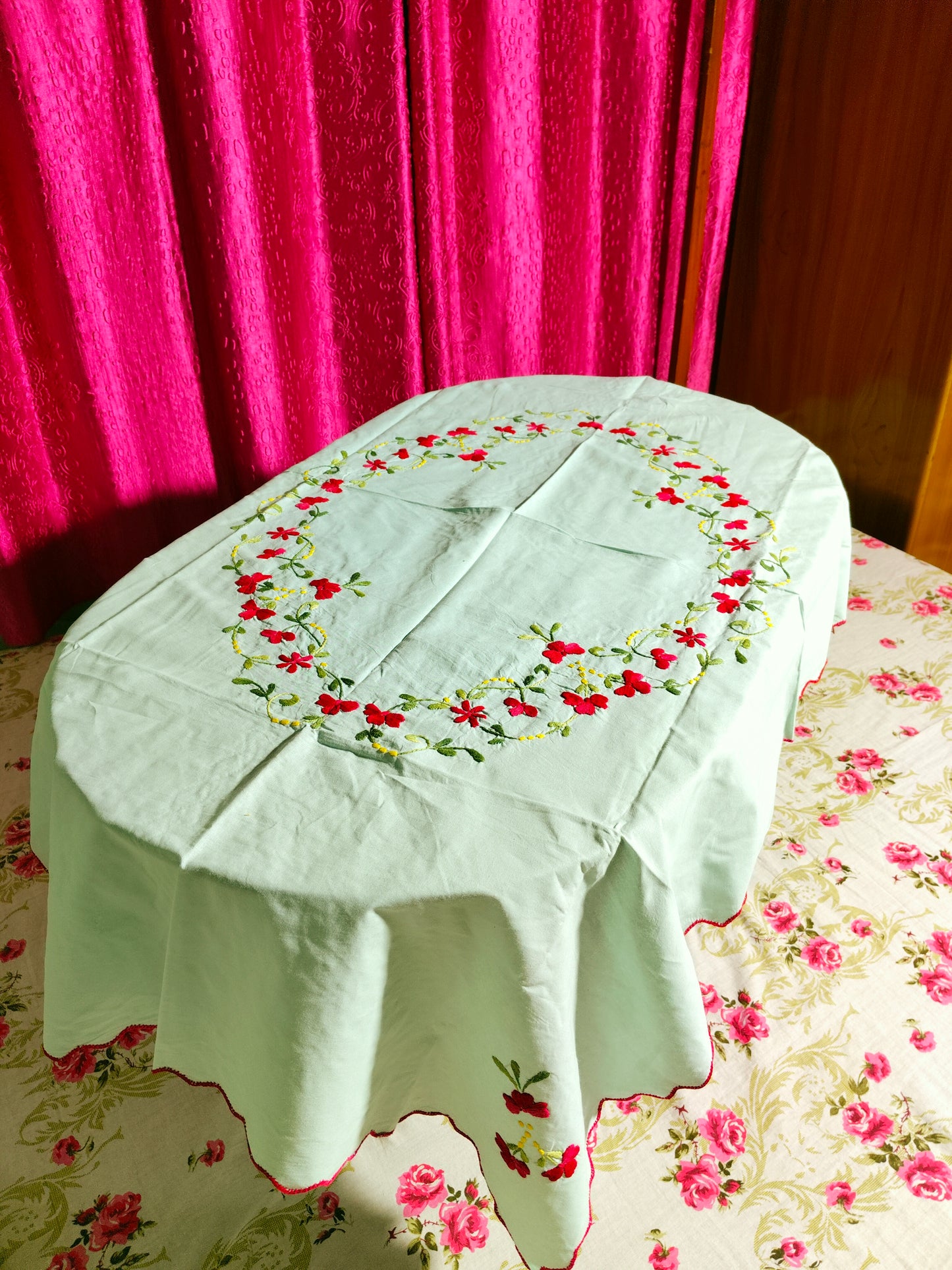 Hand Embroidered Floral Table Cover
