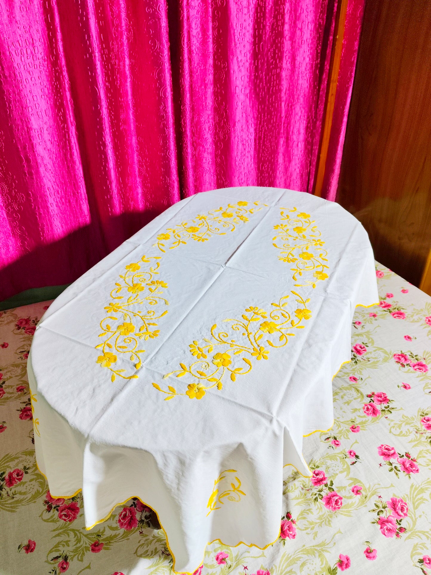 Hand Embroidered Floral Table Cover