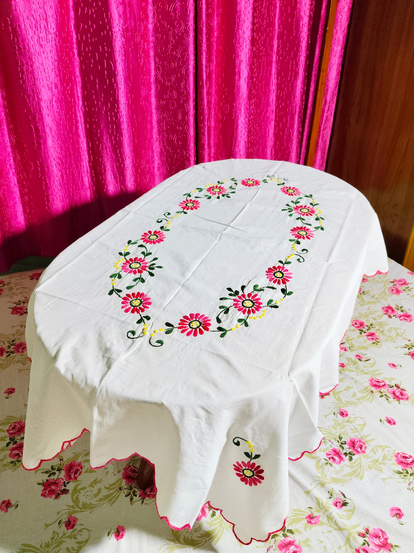 Hand Embroidered Floral Table Cover