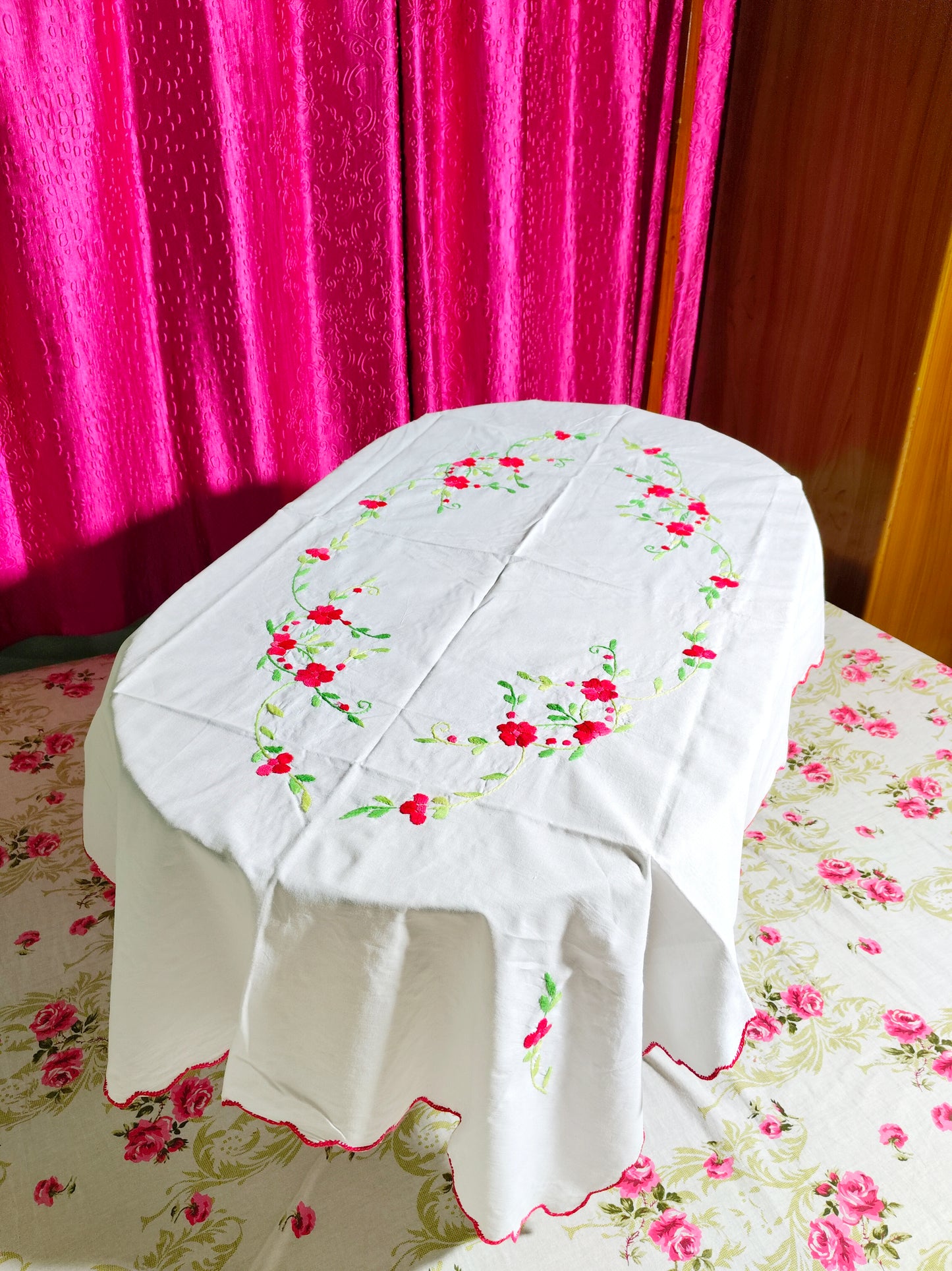 Hand Embroidered Floral Table Cover