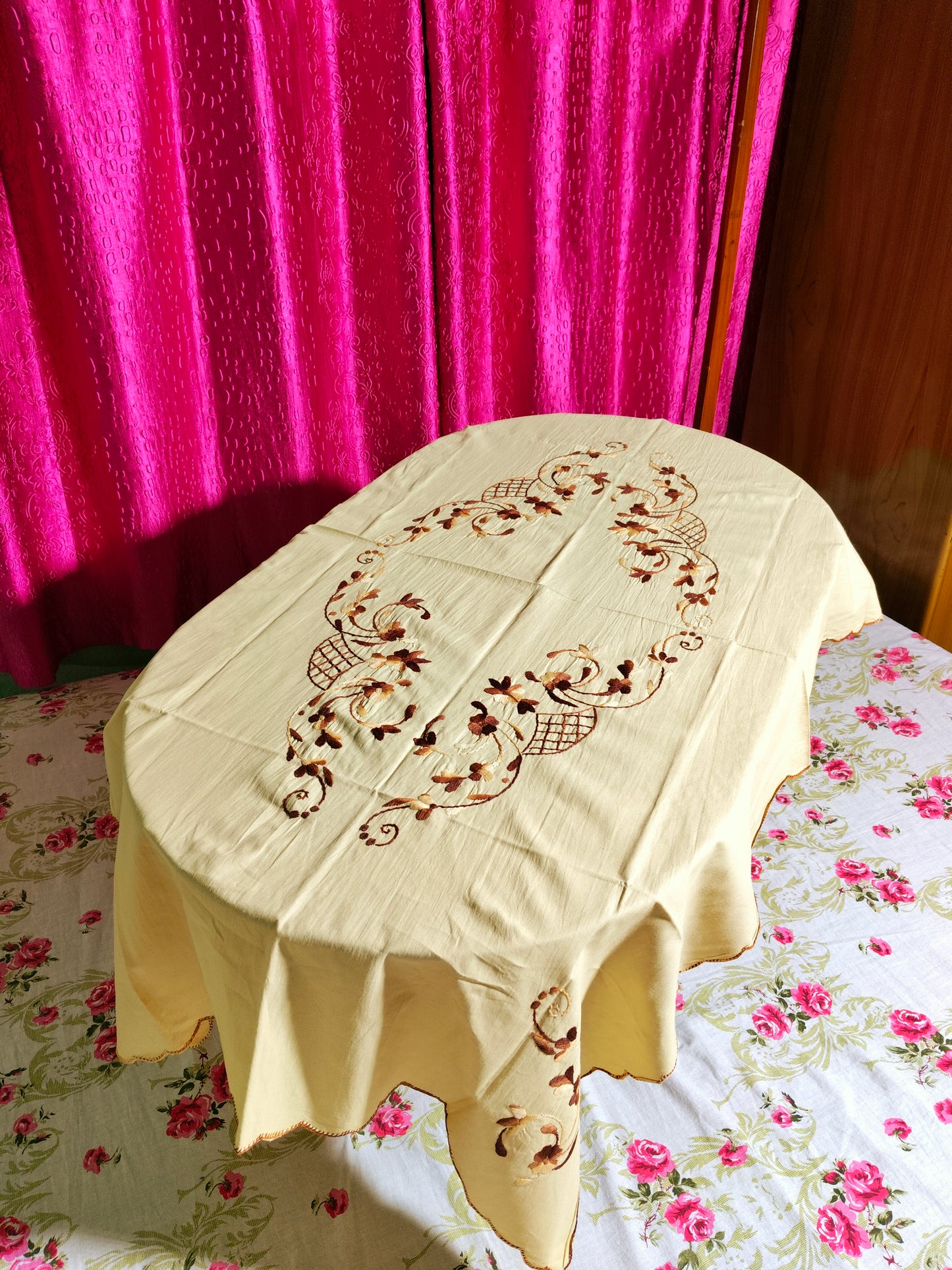 Hand Embroidered Floral Table Cover