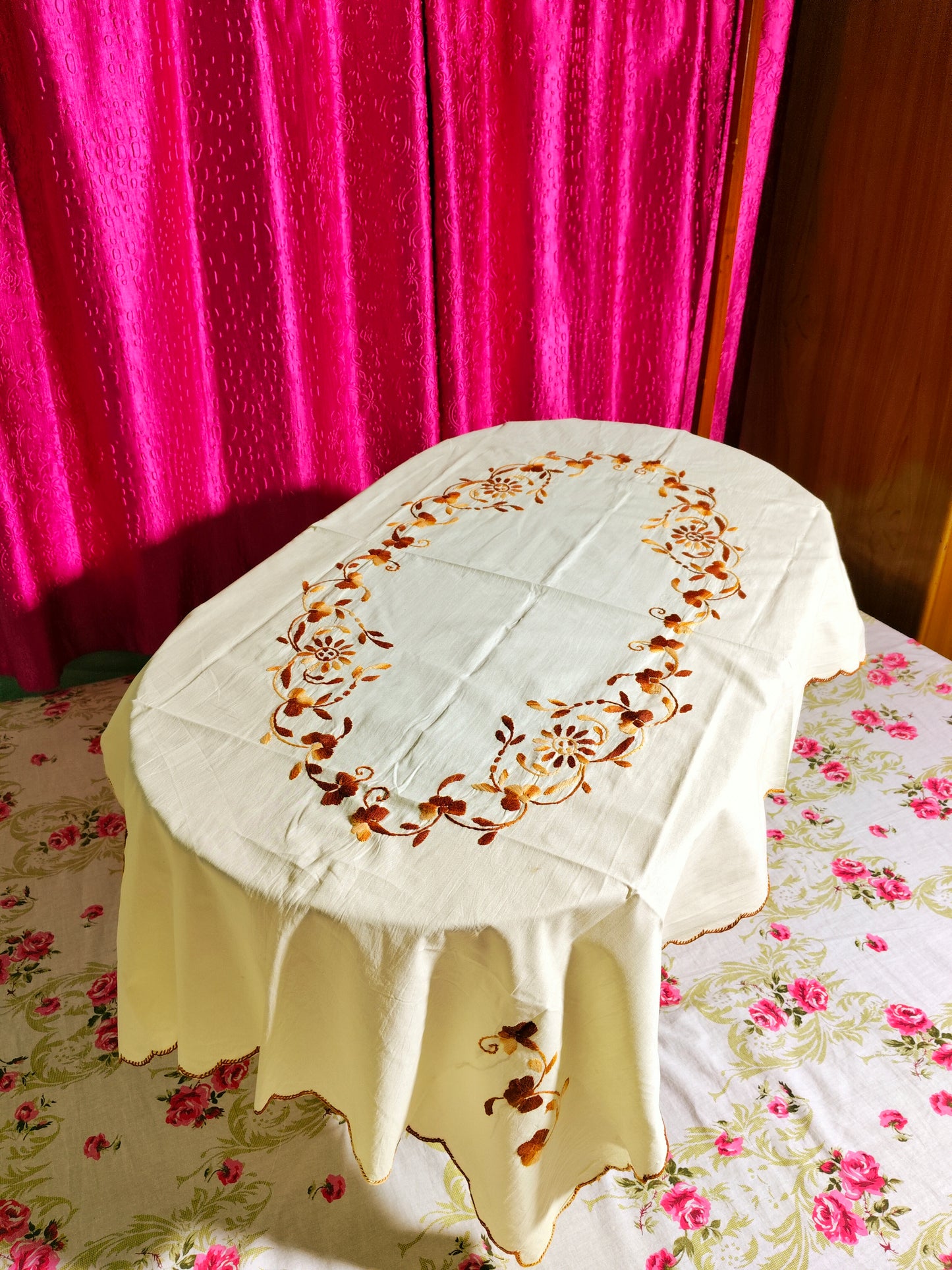 Hand Embroidered Floral Table Cover