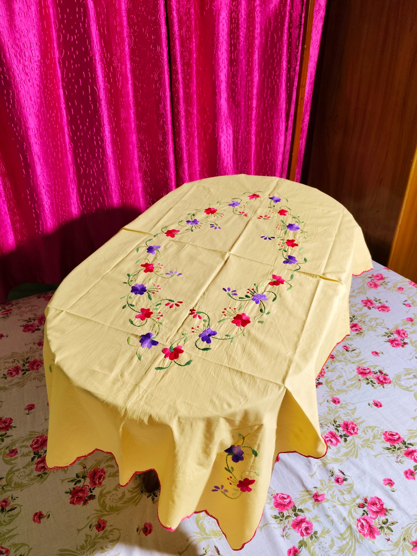 Hand Embroidered Floral Table Cover