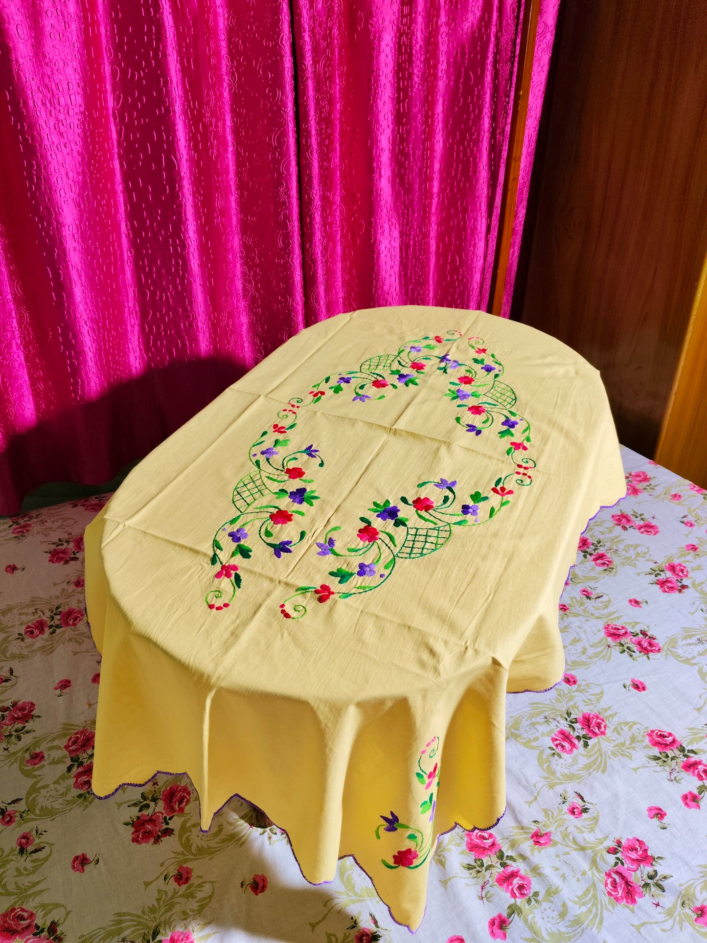 Hand Embroidered Floral Table Cover