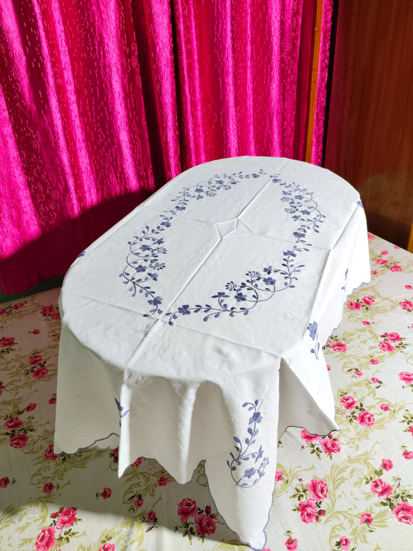Hand Embroidered Floral Table Cover