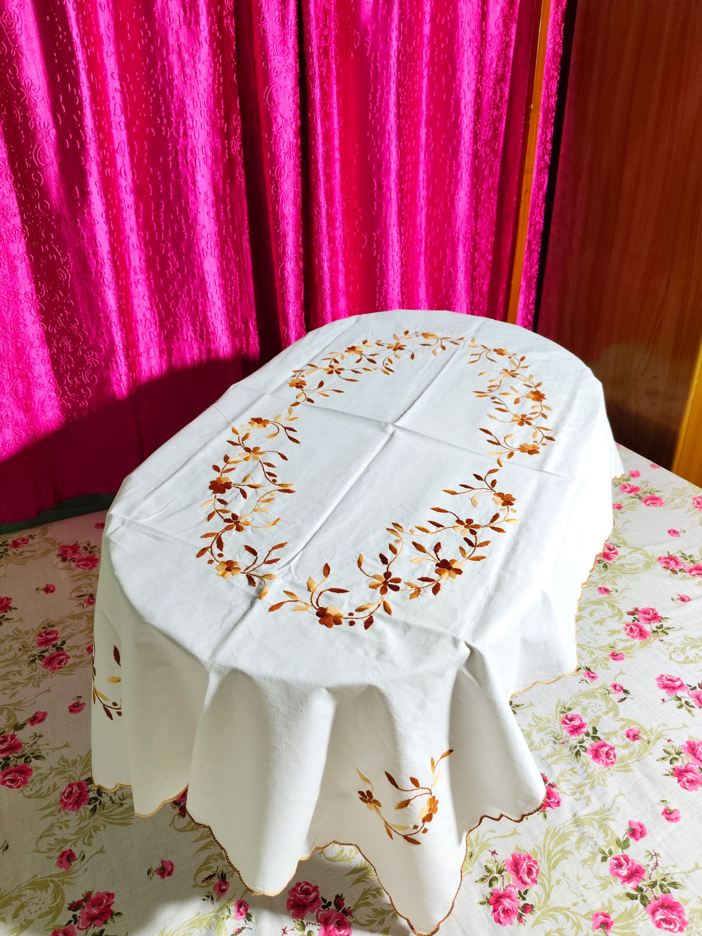 Hand Embroidered Floral Table Cover