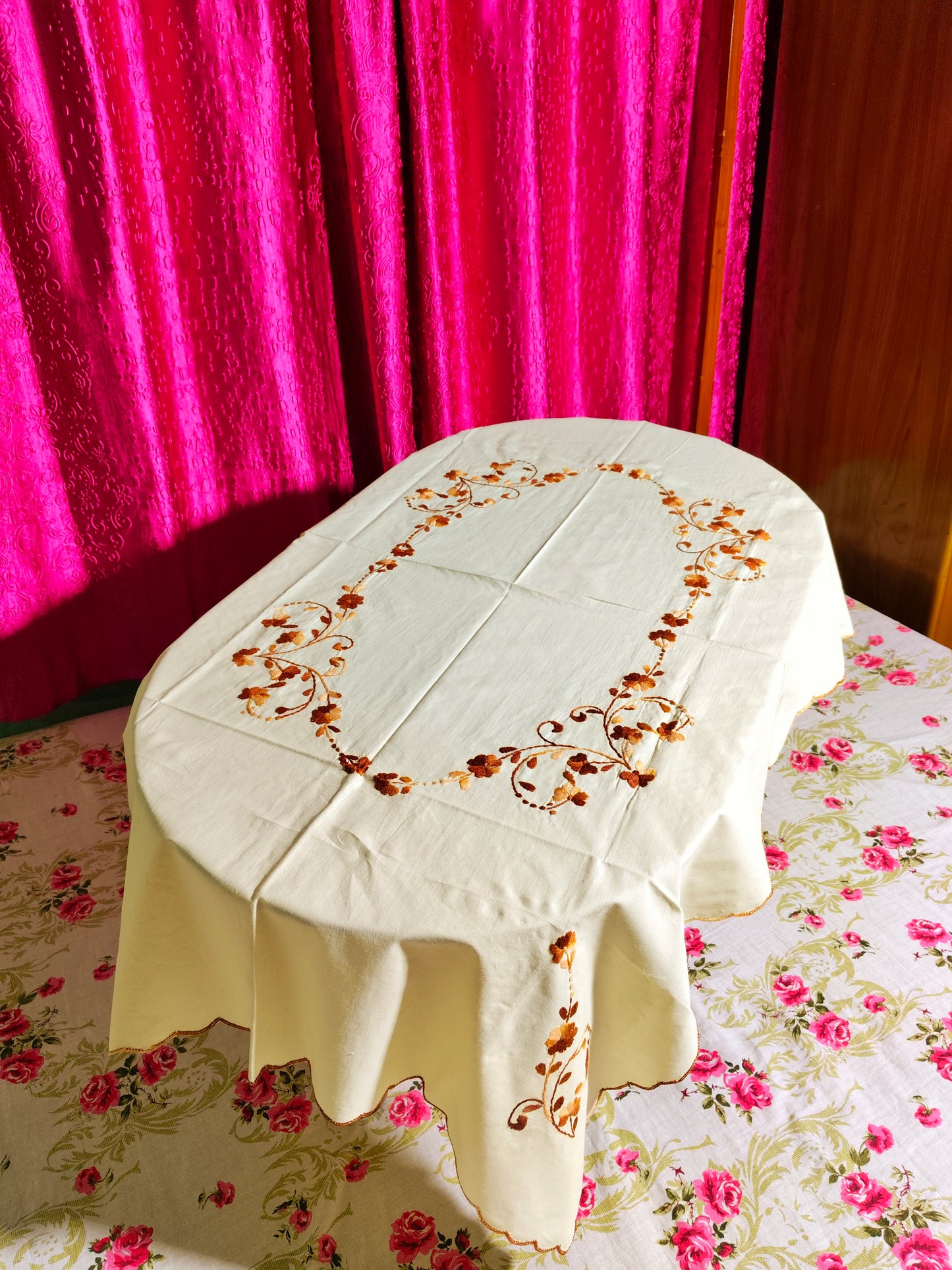 Hand Embroidered Floral Table Cover