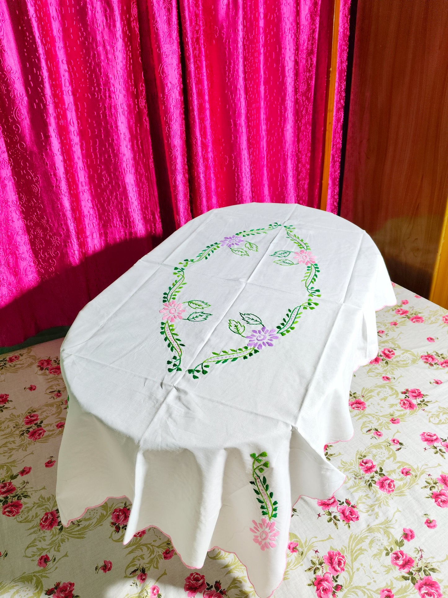 Hand Embroidered Floral Table Cover