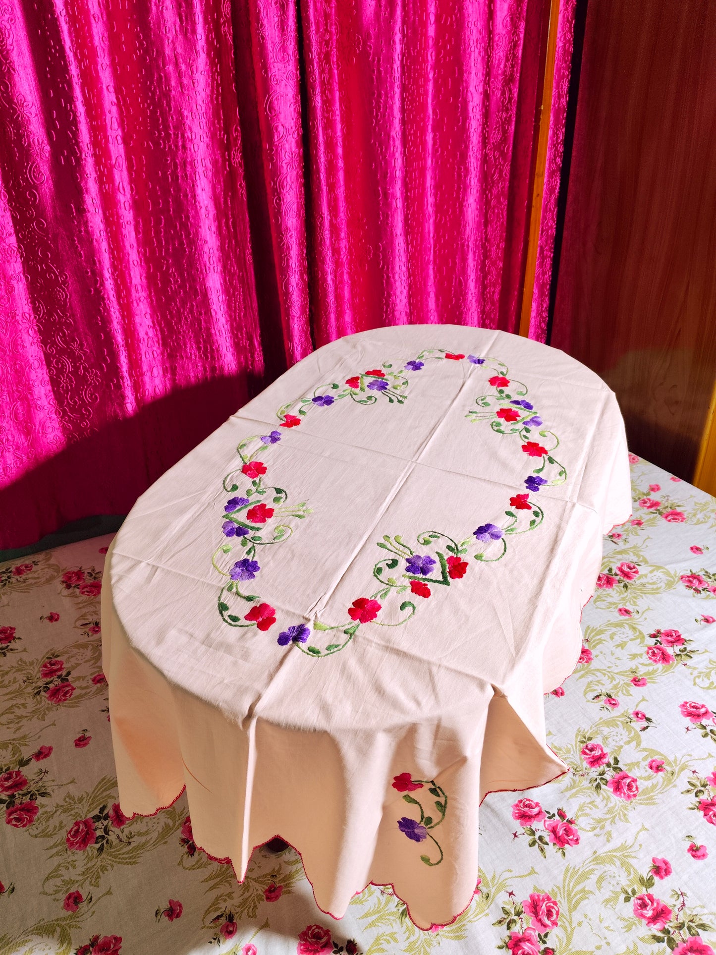 Hand Embroidered Floral Table Cover
