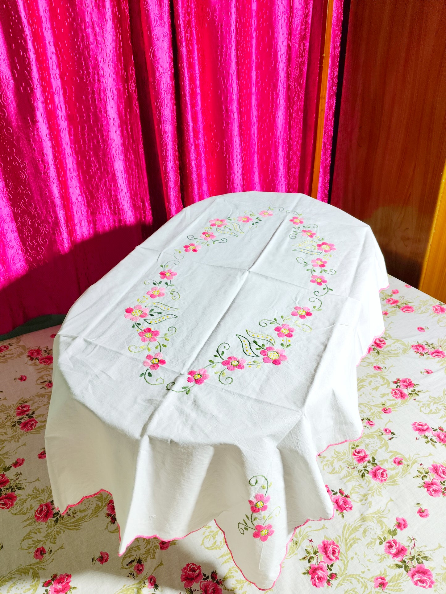 Hand Embroidered Floral Table Cover