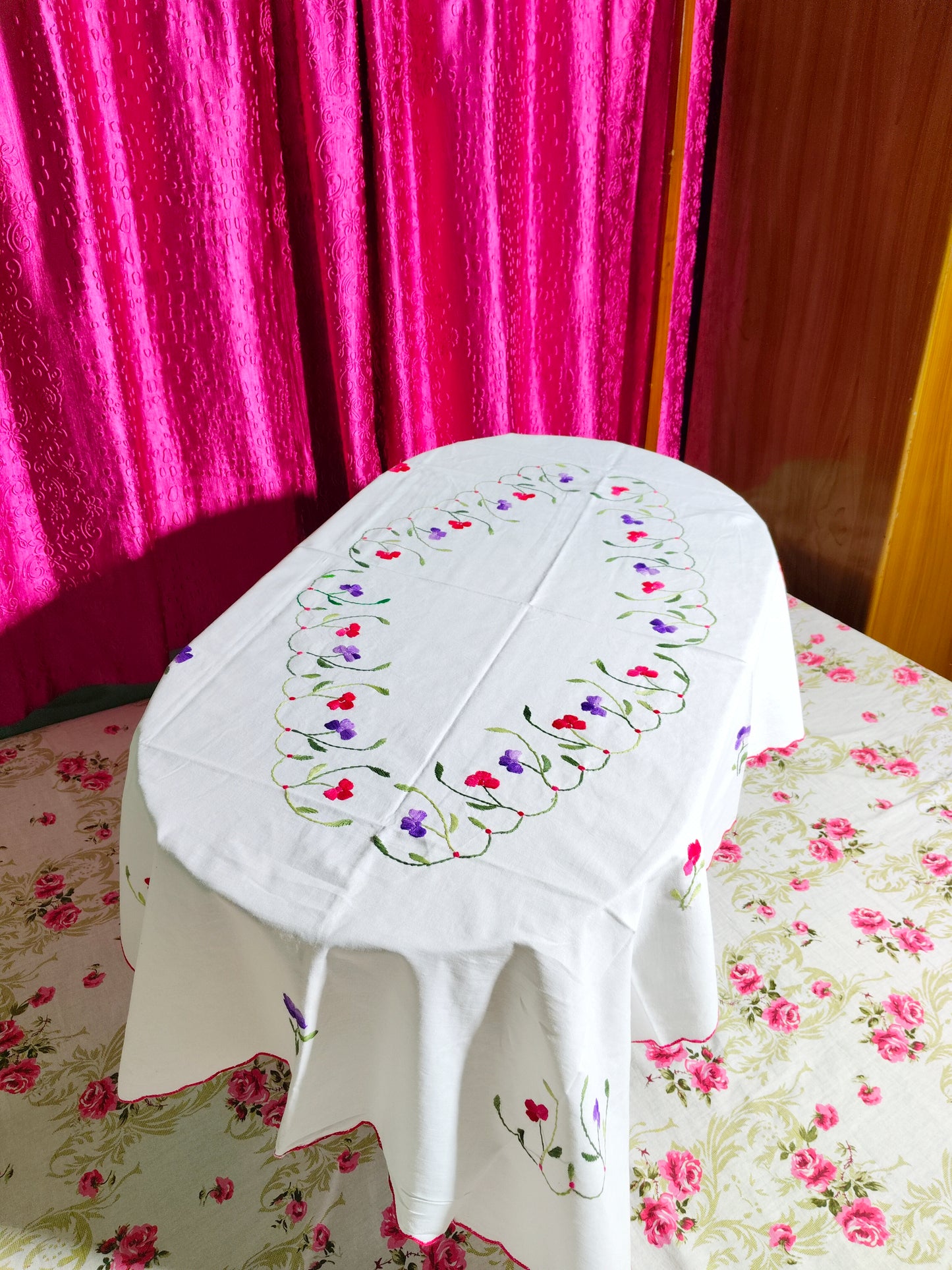 Hand Embroidered Floral Table Cover