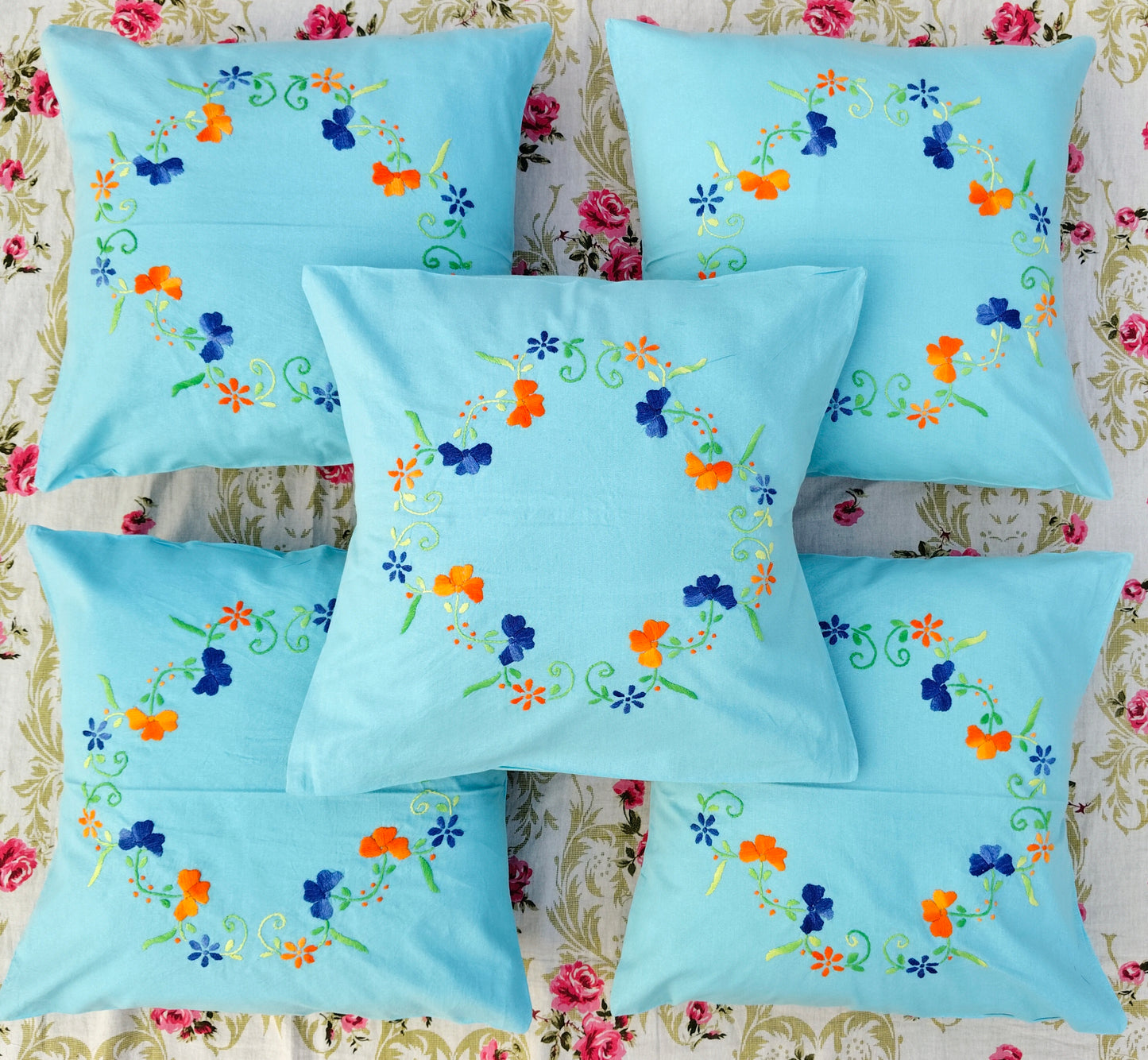 Hand Embroidered Cotton Cushion Covers (Set of 5)