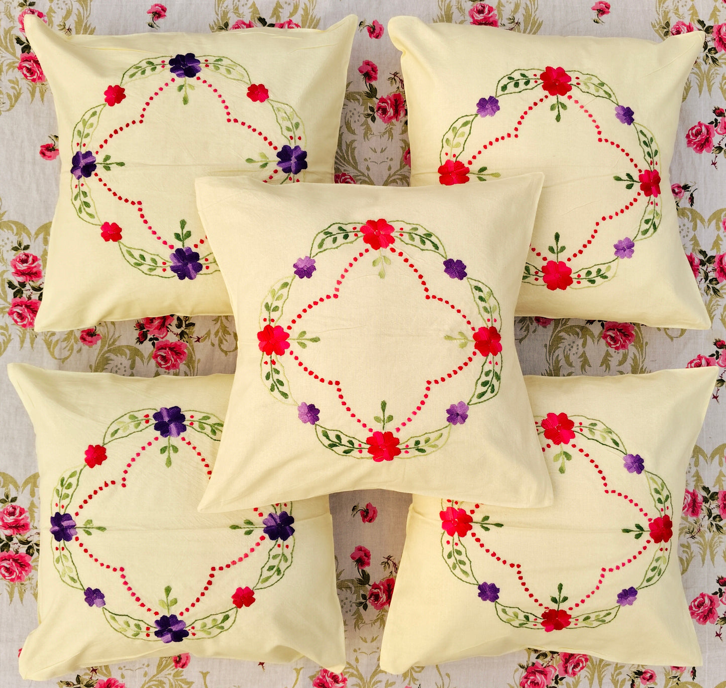 Hand Embroidered Cotton Cushion Covers (Set of 5)