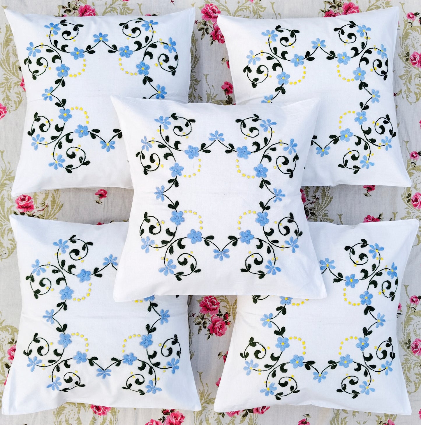 Hand Embroidered Cotton Cushion Covers (Set of 5)