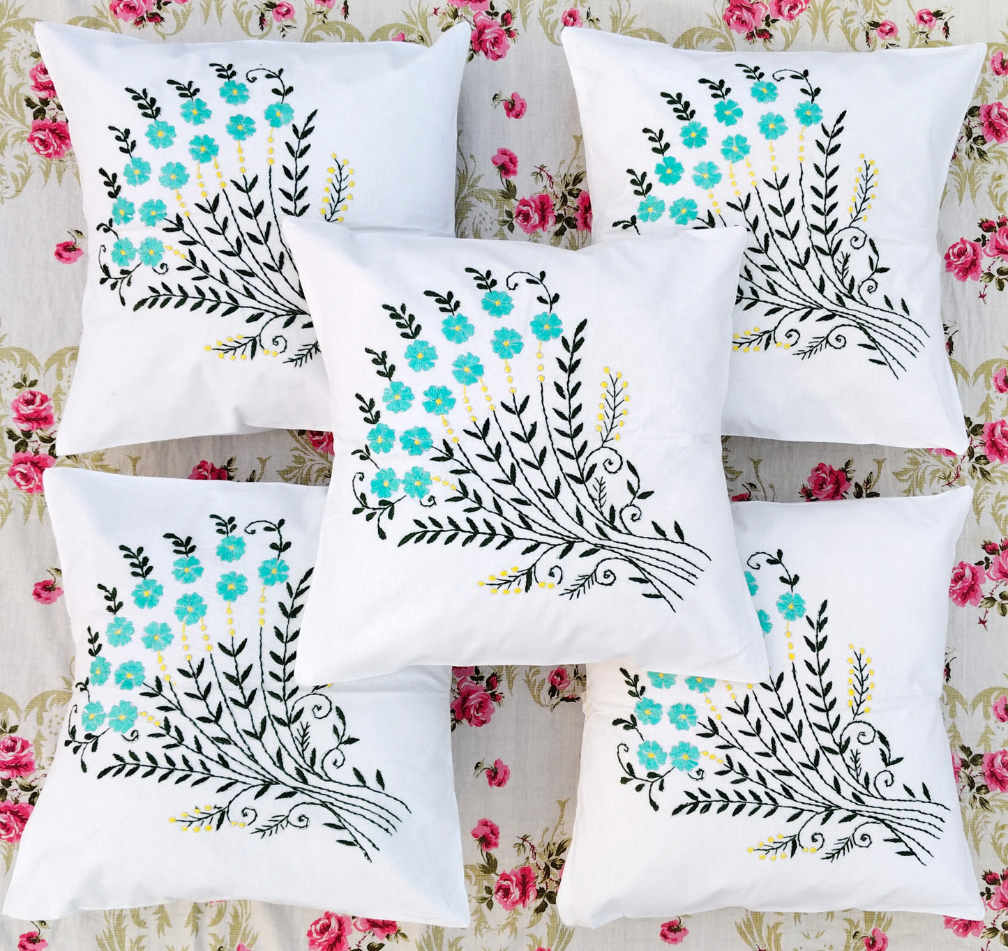 Hand Embroidered Cotton Cushion Covers (Set of 5)