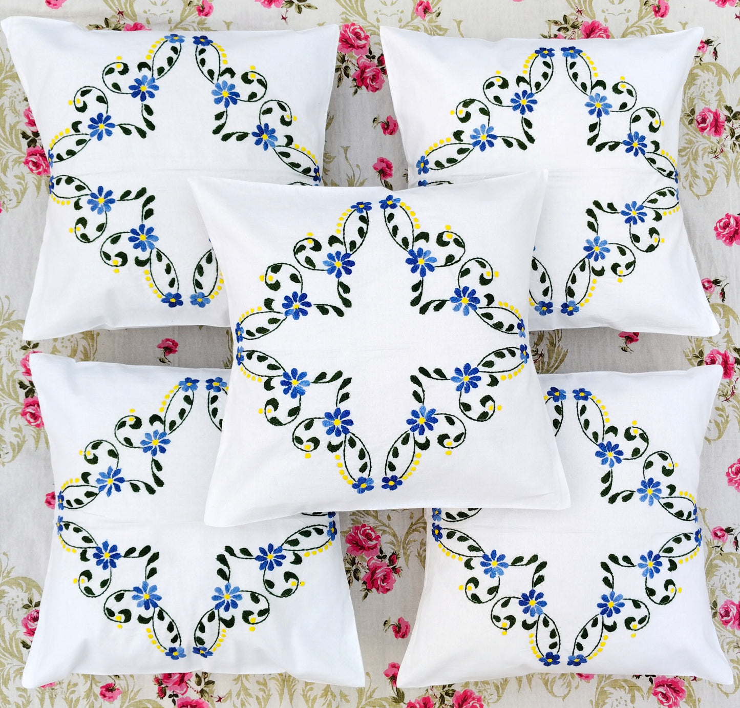 Hand Embroidered Cotton Cushion Covers (Set of 5)