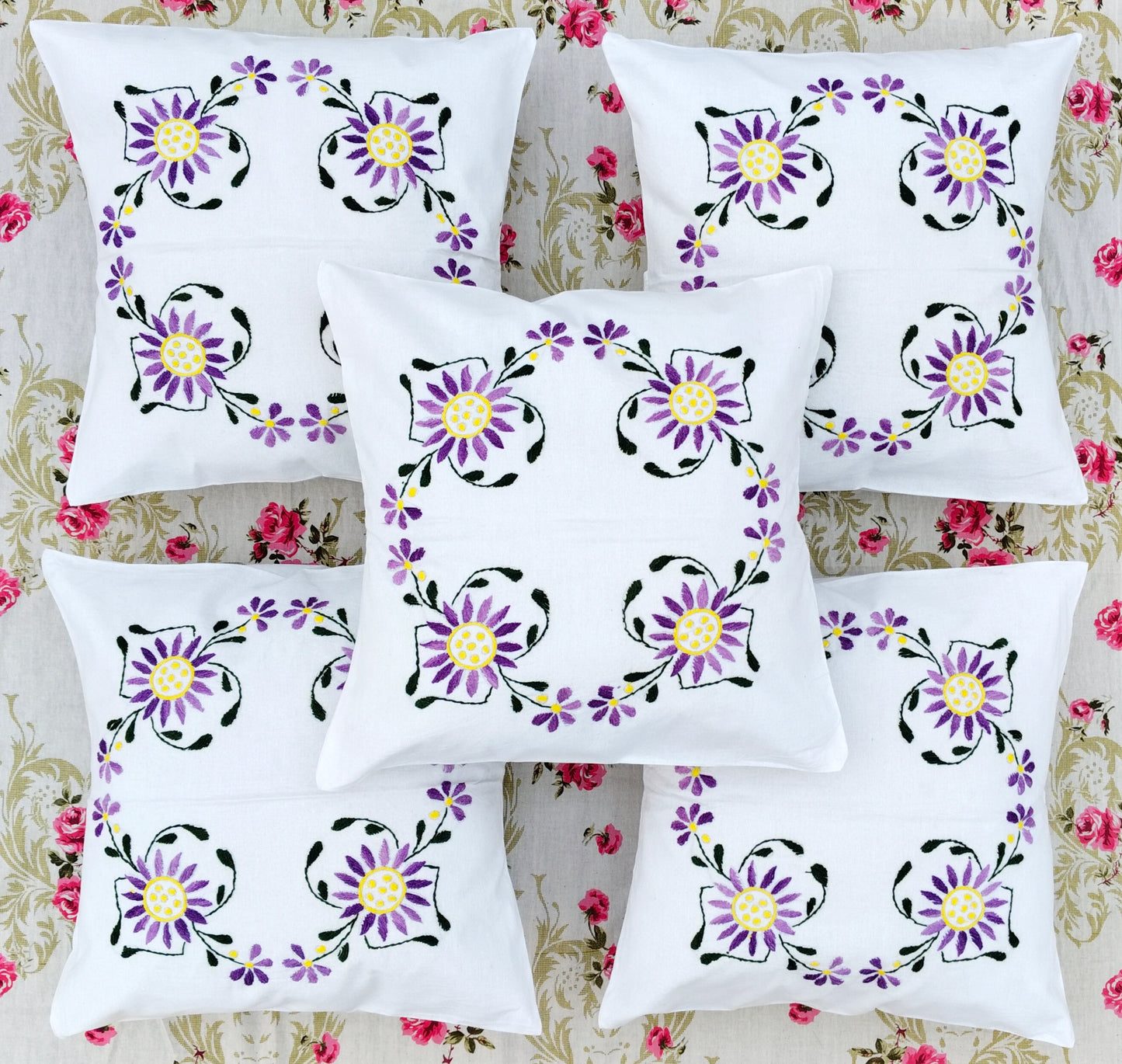 Hand Embroidered Cotton Cushion Covers (Set of 5)
