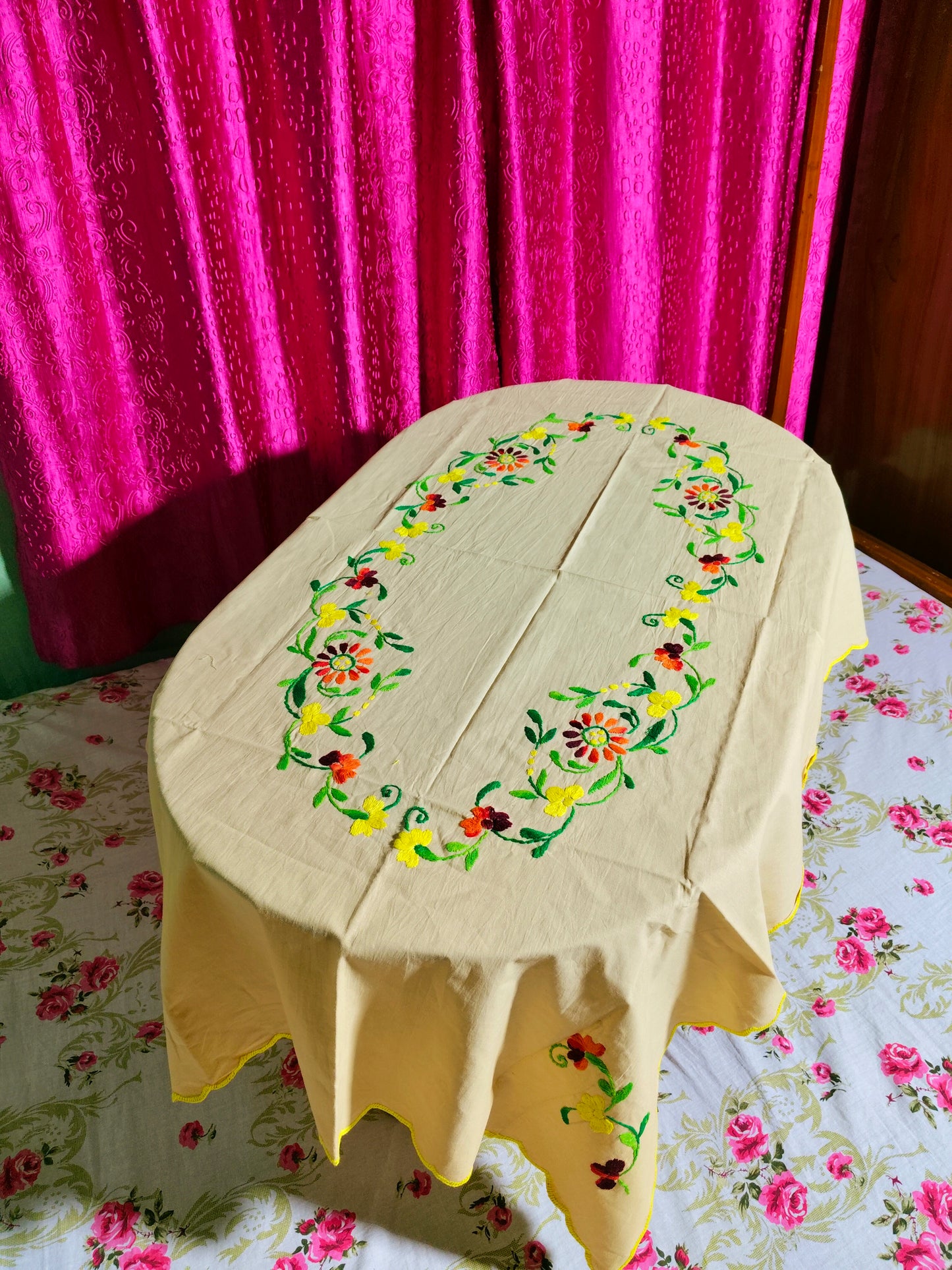 Hand Embroidered Floral Four Seater Table Cover