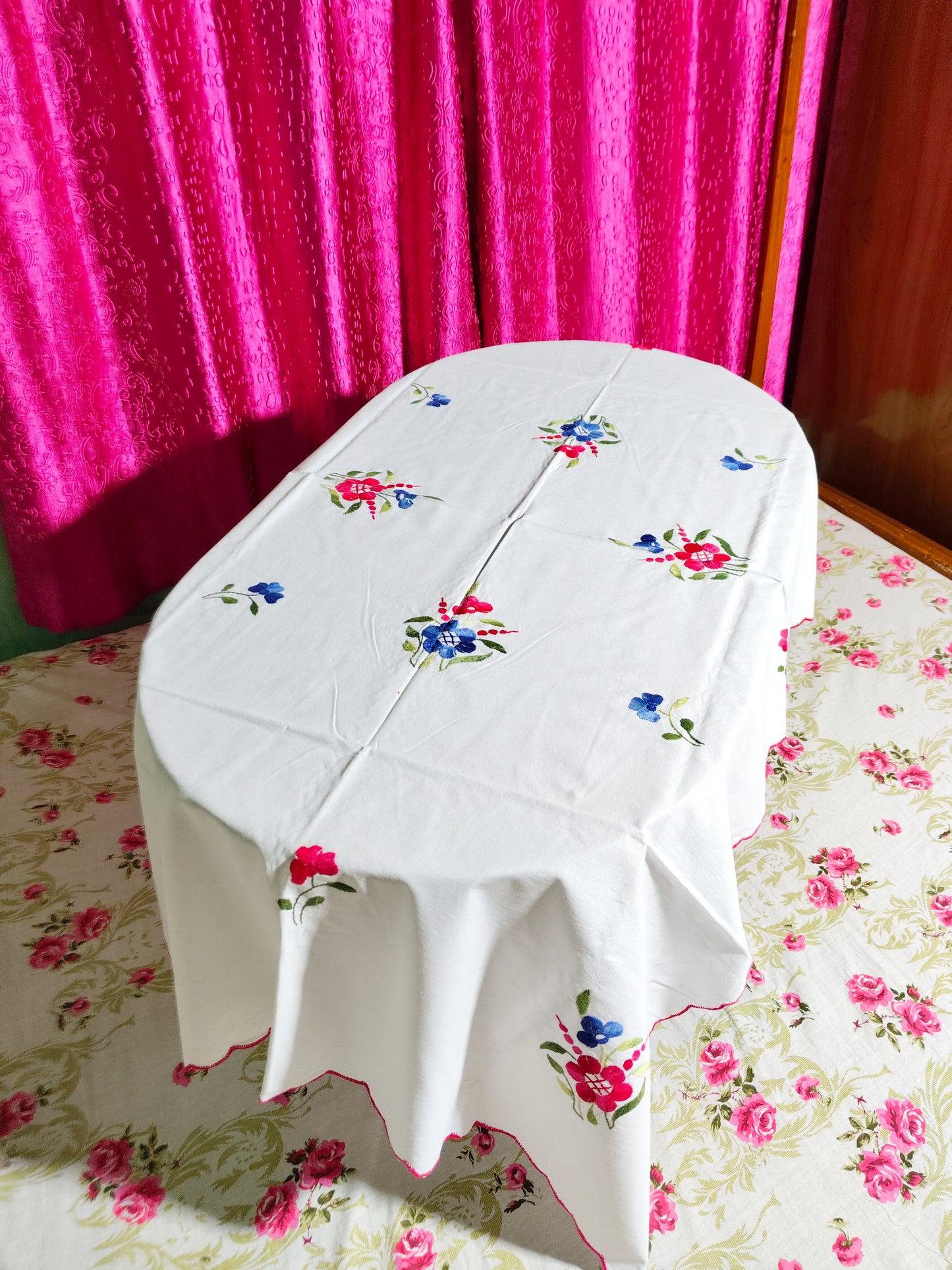 Hand Embroidered Floral Four Seater Table Cover