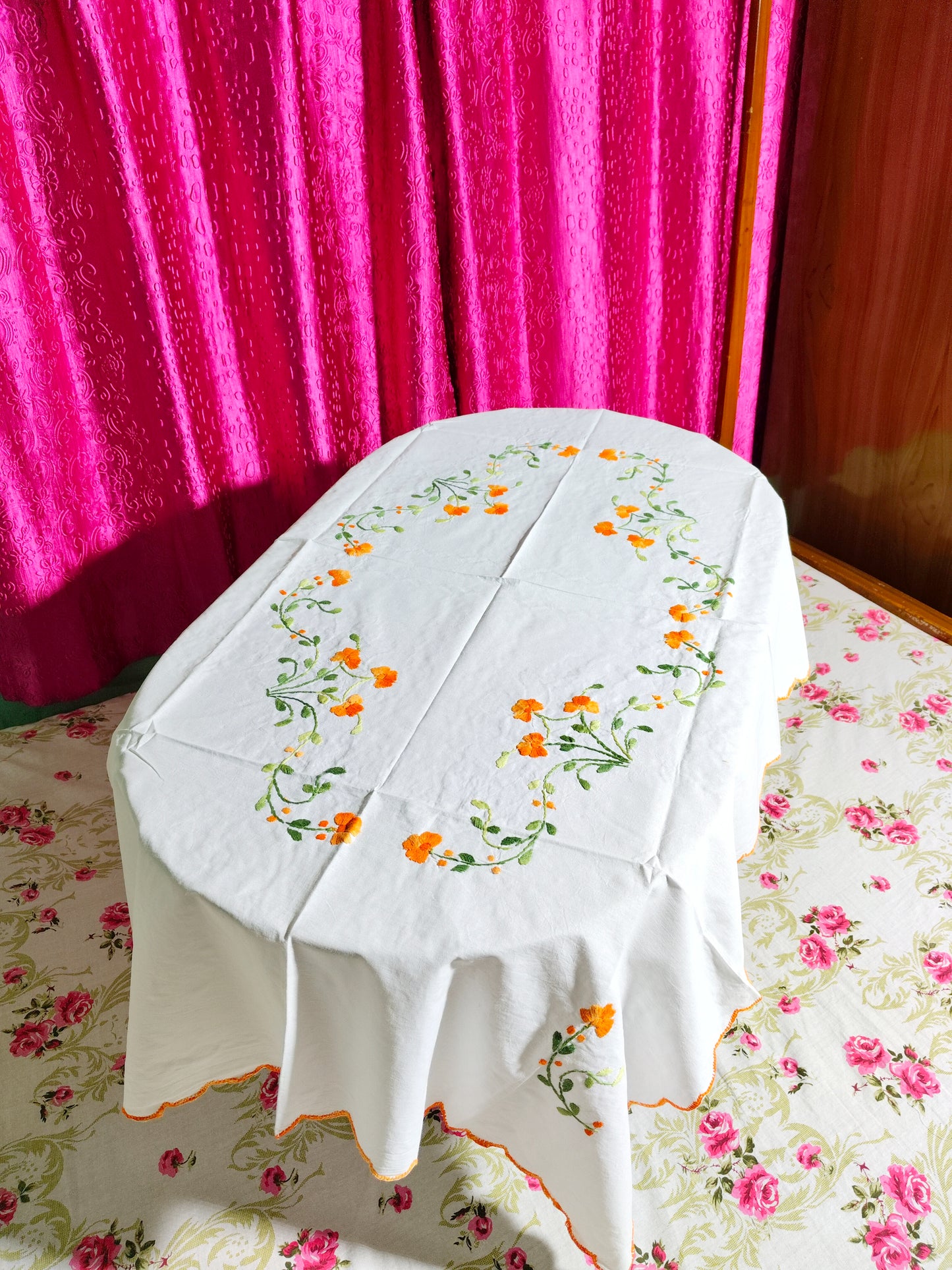 Hand Embroidered Floral Four Seater Table Cover