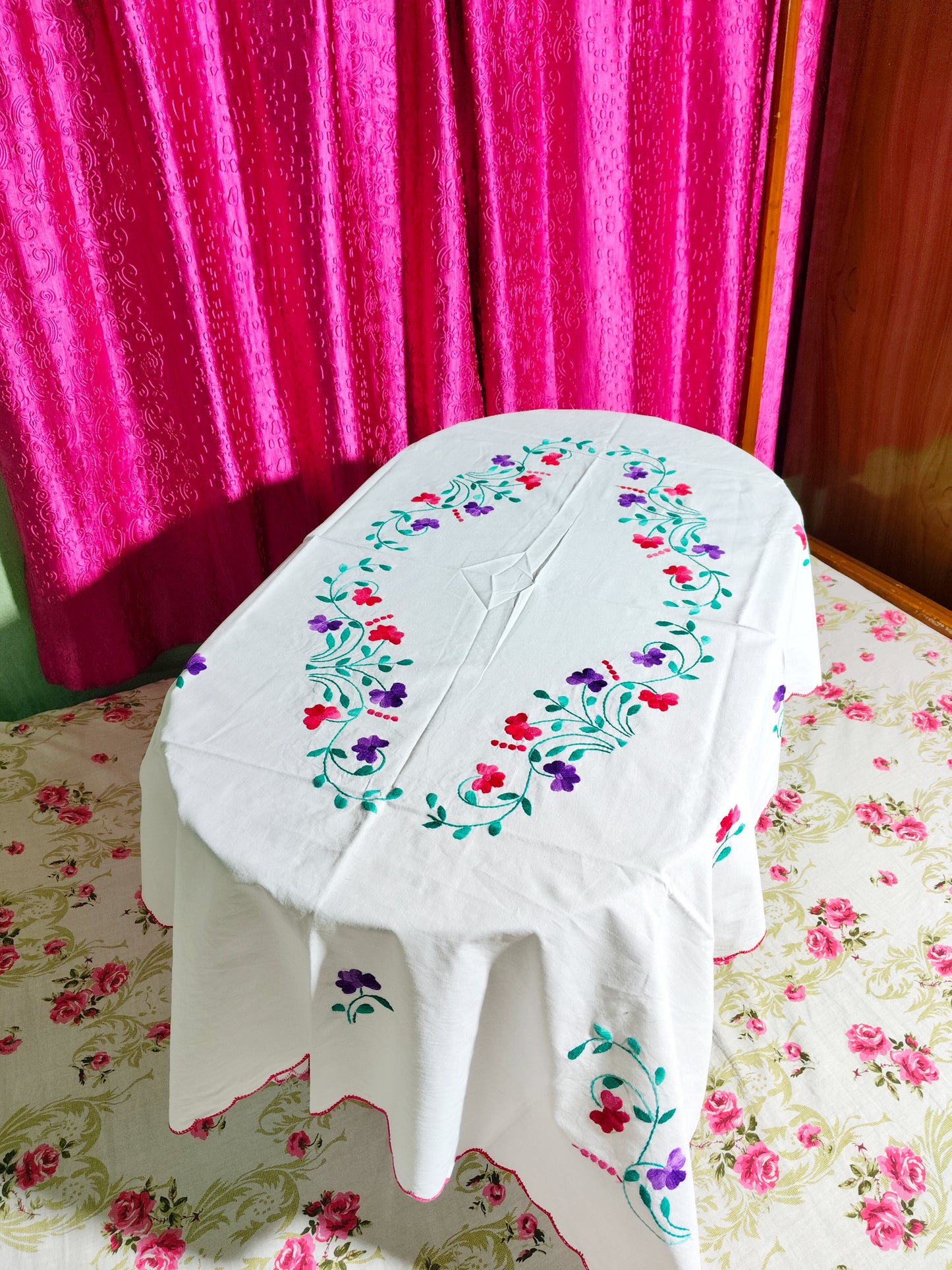 Hand Embroidered Floral Four Seater Table Cover