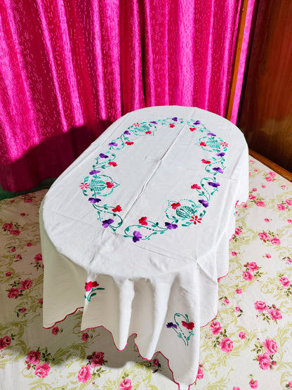 Hand Embroidered Floral Four Seater Table Cover
