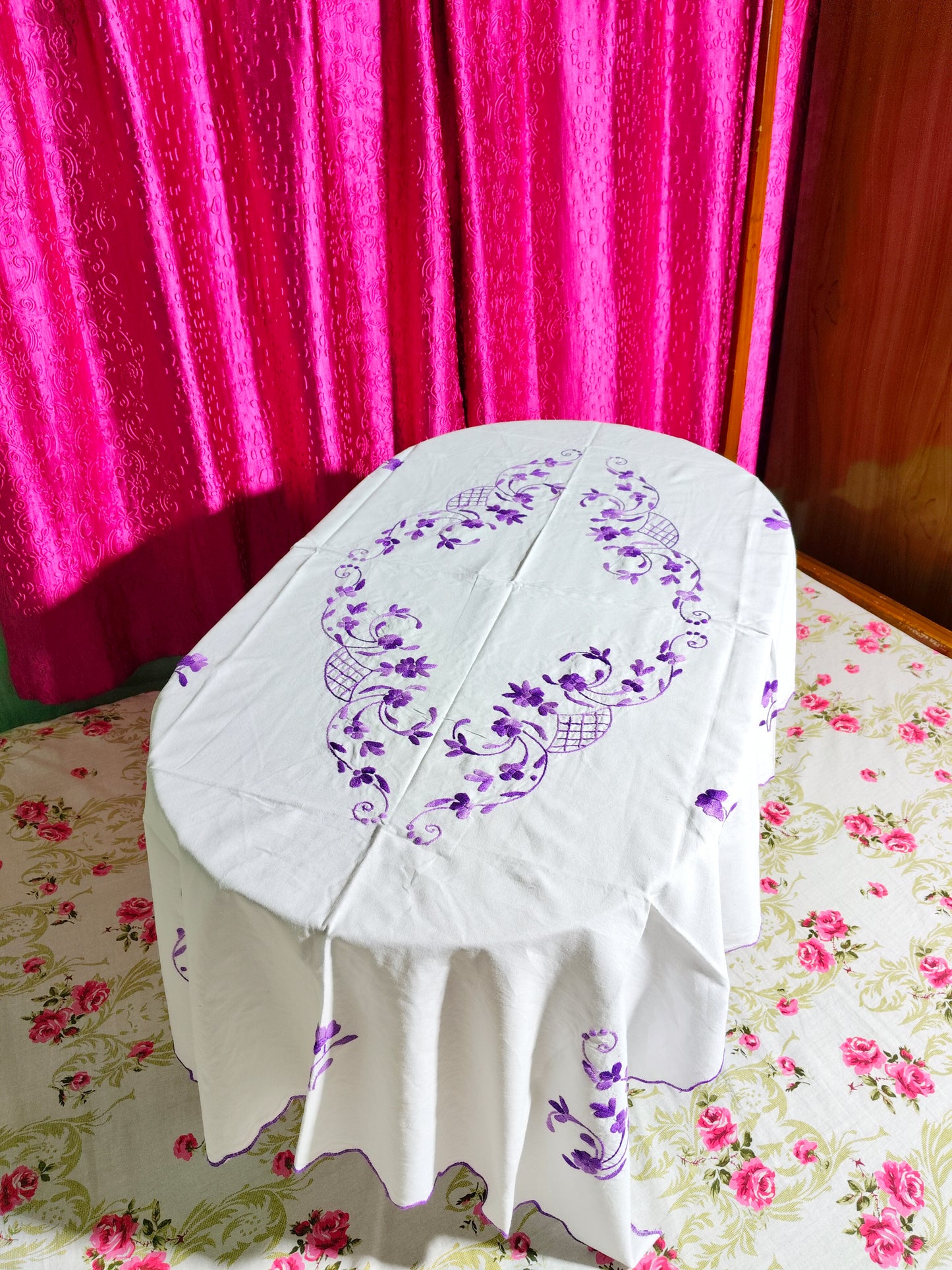 Hand Embroidered Floral Four Seater Table Cover
