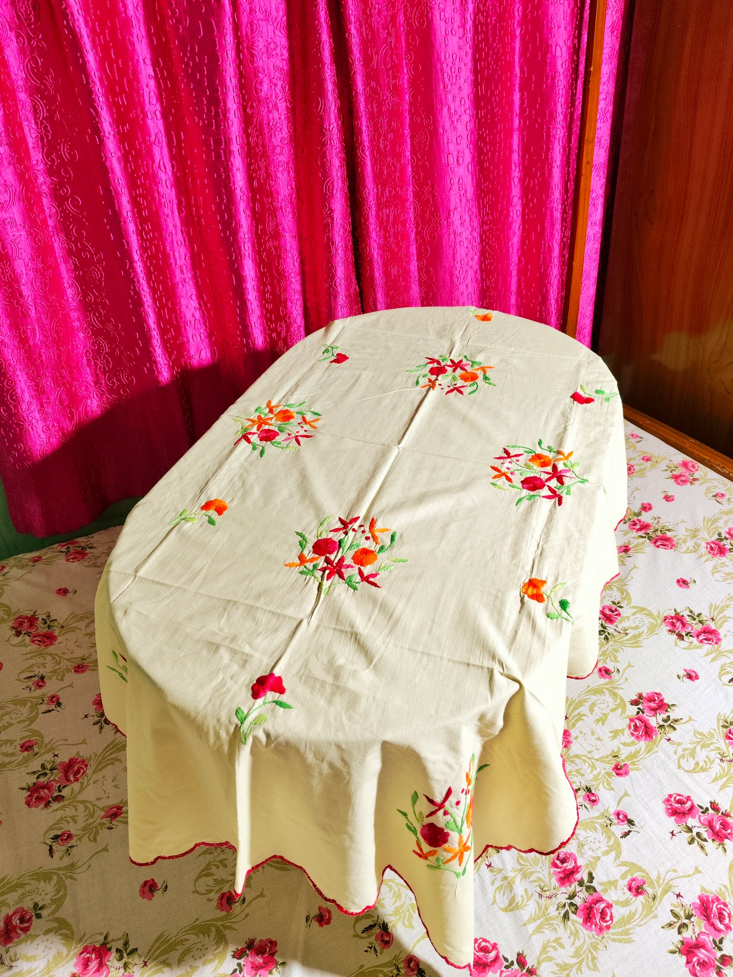 Hand Embroidered Floral Four Seater Table Cover