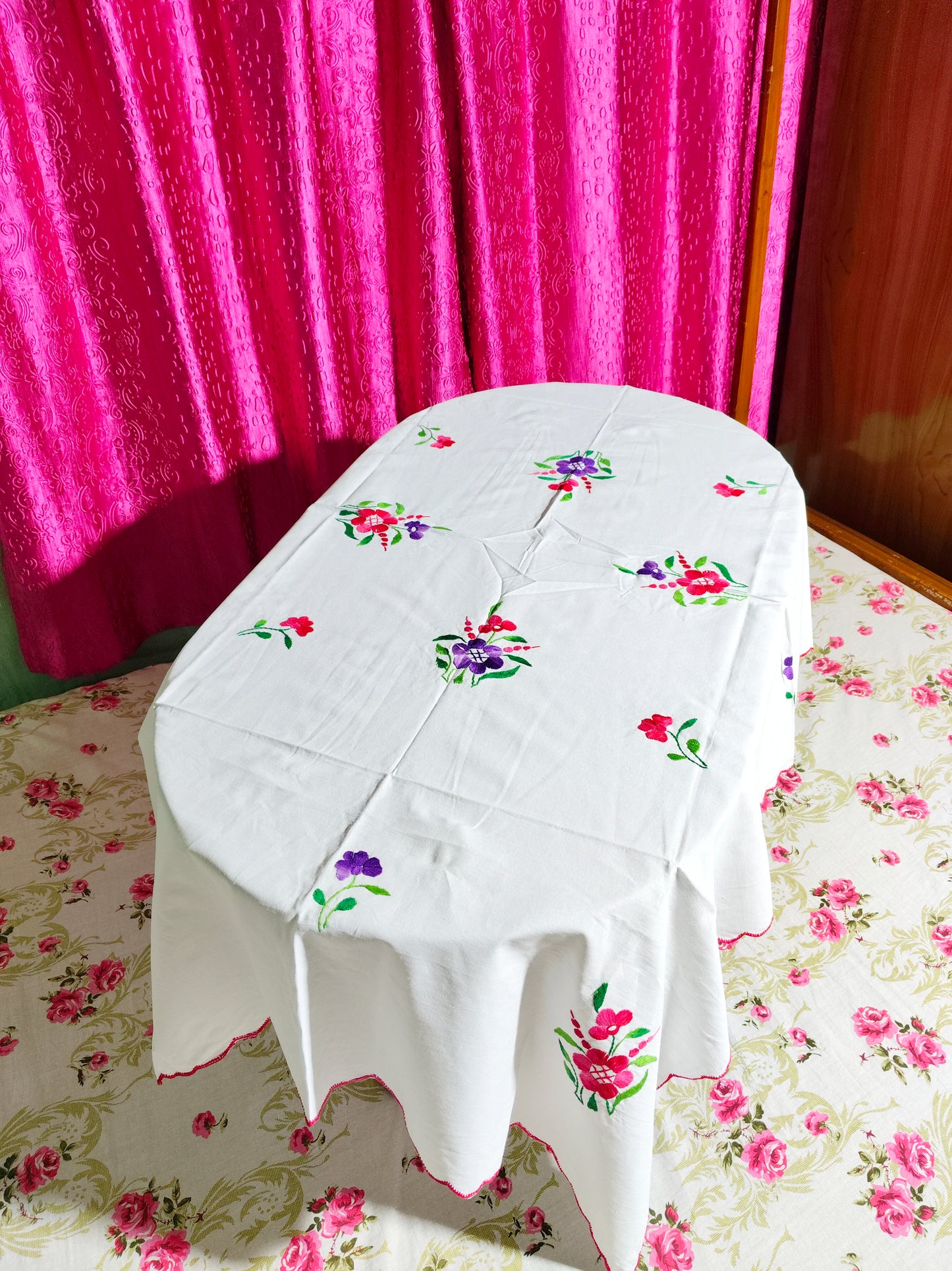 Hand Embroidered Floral Four Seater Table Cover