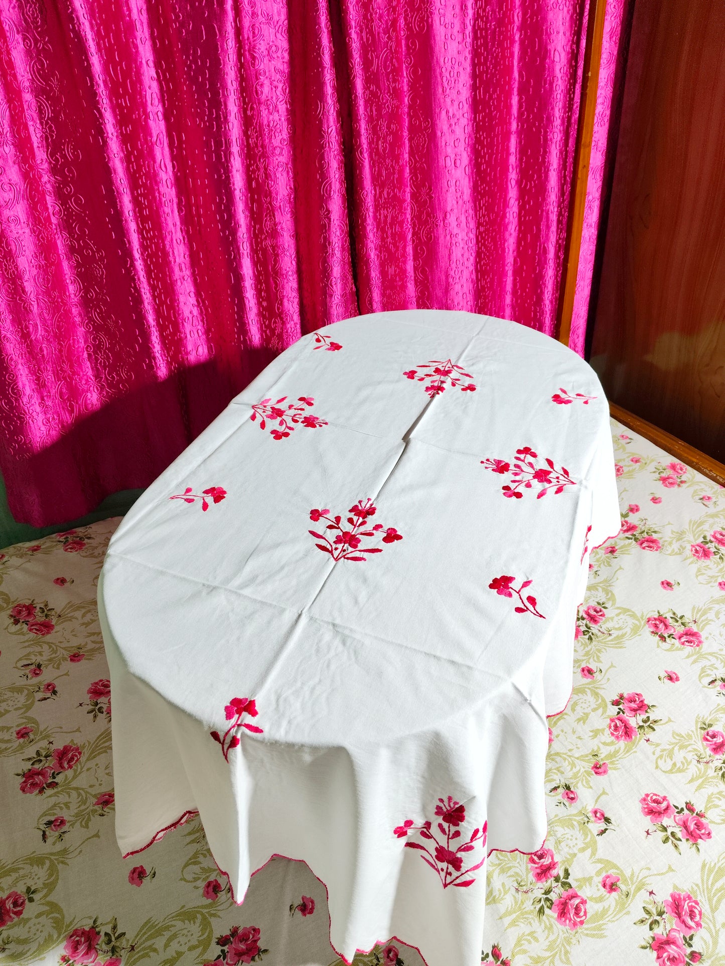 Hand Embroidered Floral Four Seater Table Cover