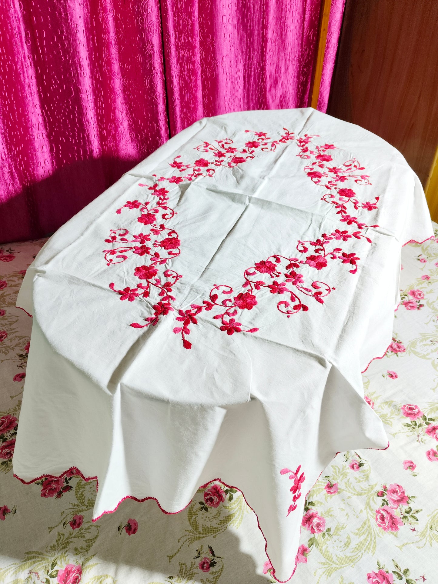 Hand Embroidered Floral Table Cover