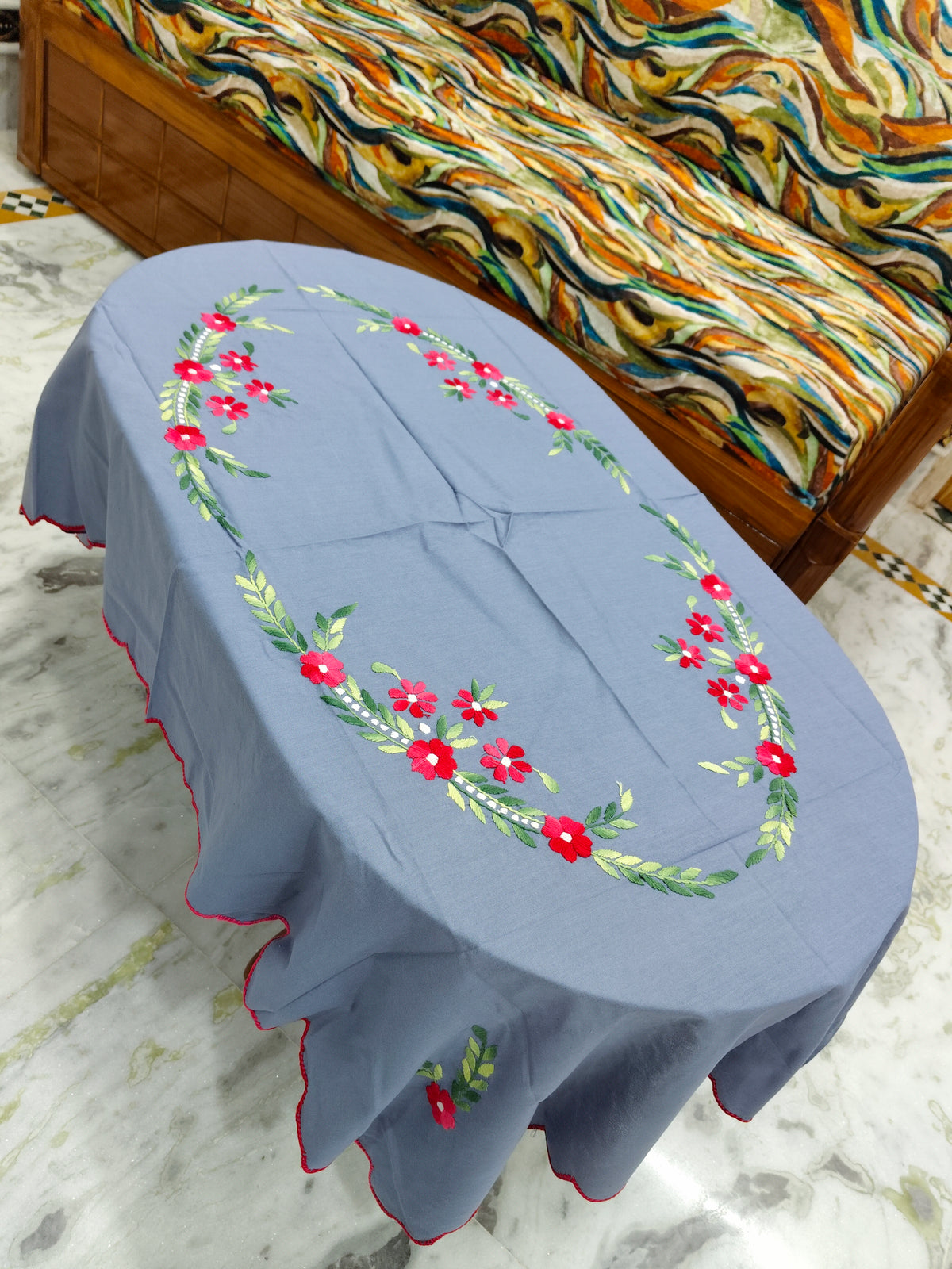 Hand Embroidered Four Seater Floral Table Cover