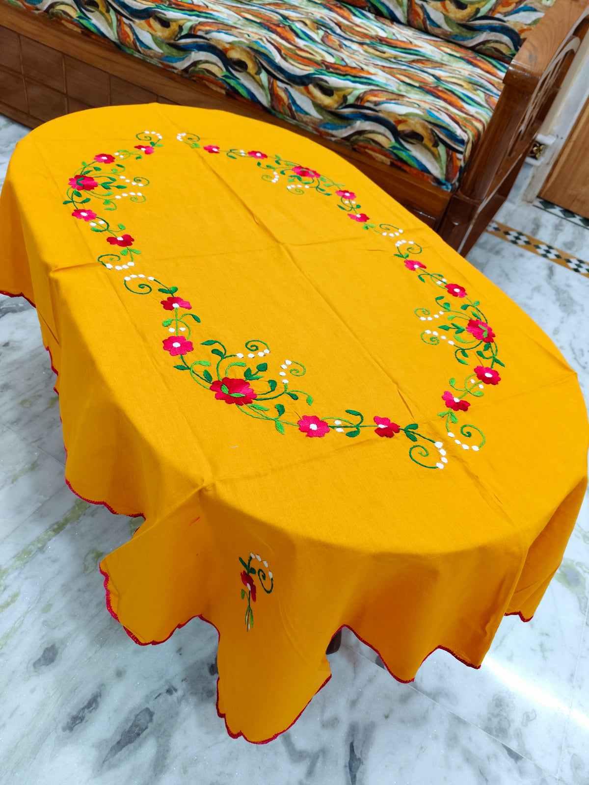 Hand Embroidered Four Seater Floral Table Cover