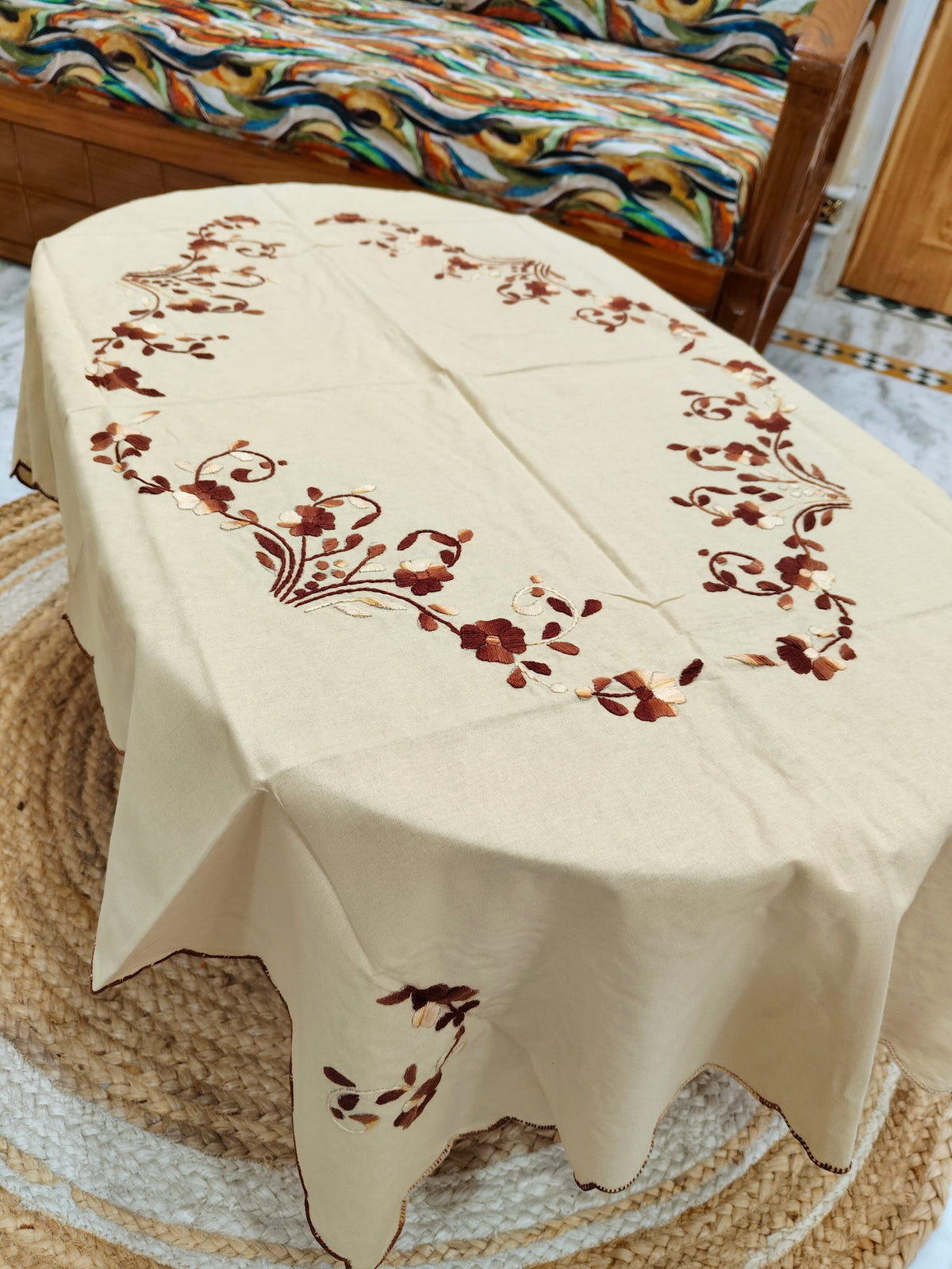Hand Embroidered Four Seater Floral Table Cover