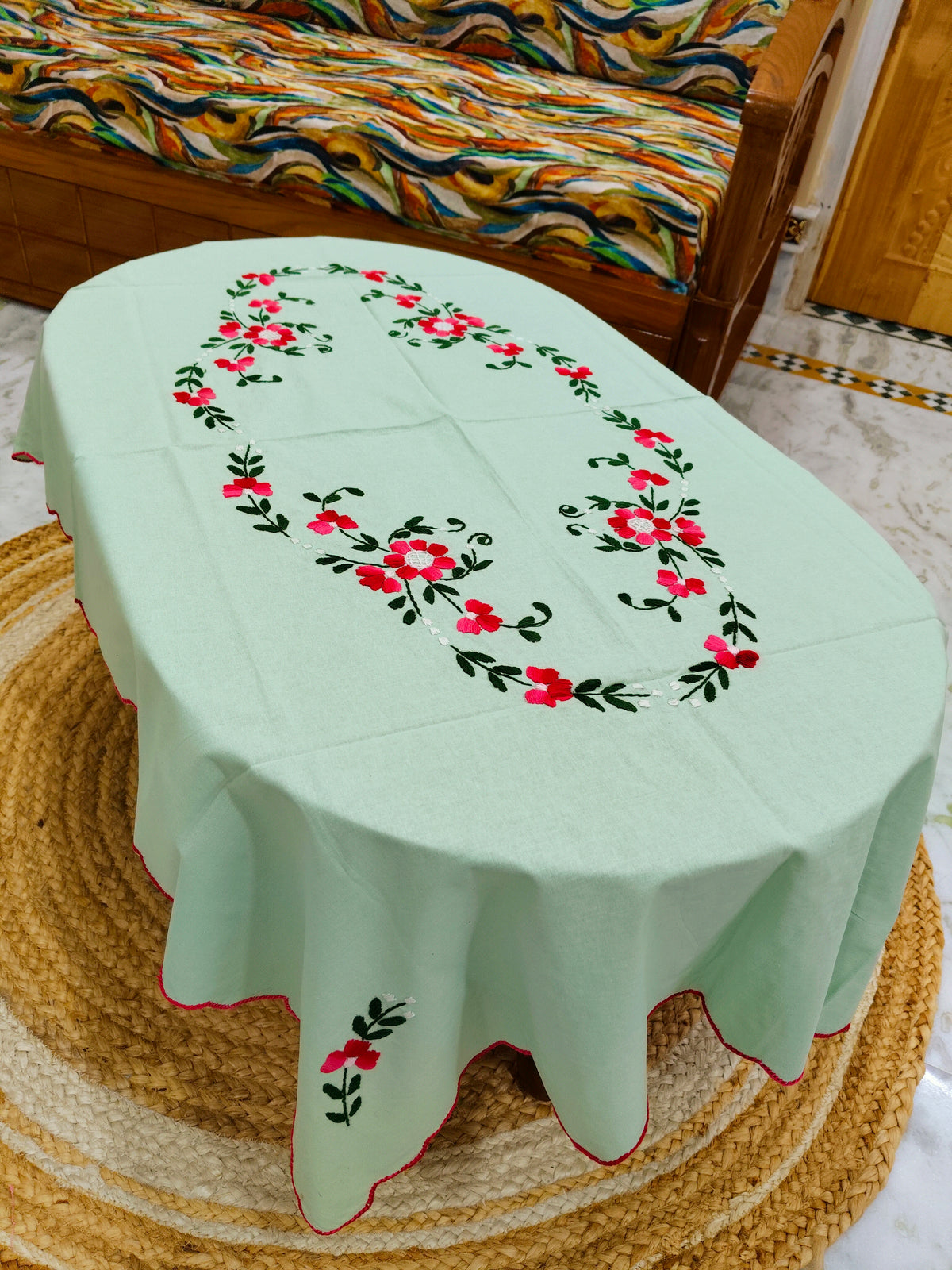 Hand Embroidered Four Seater Floral Table Cover