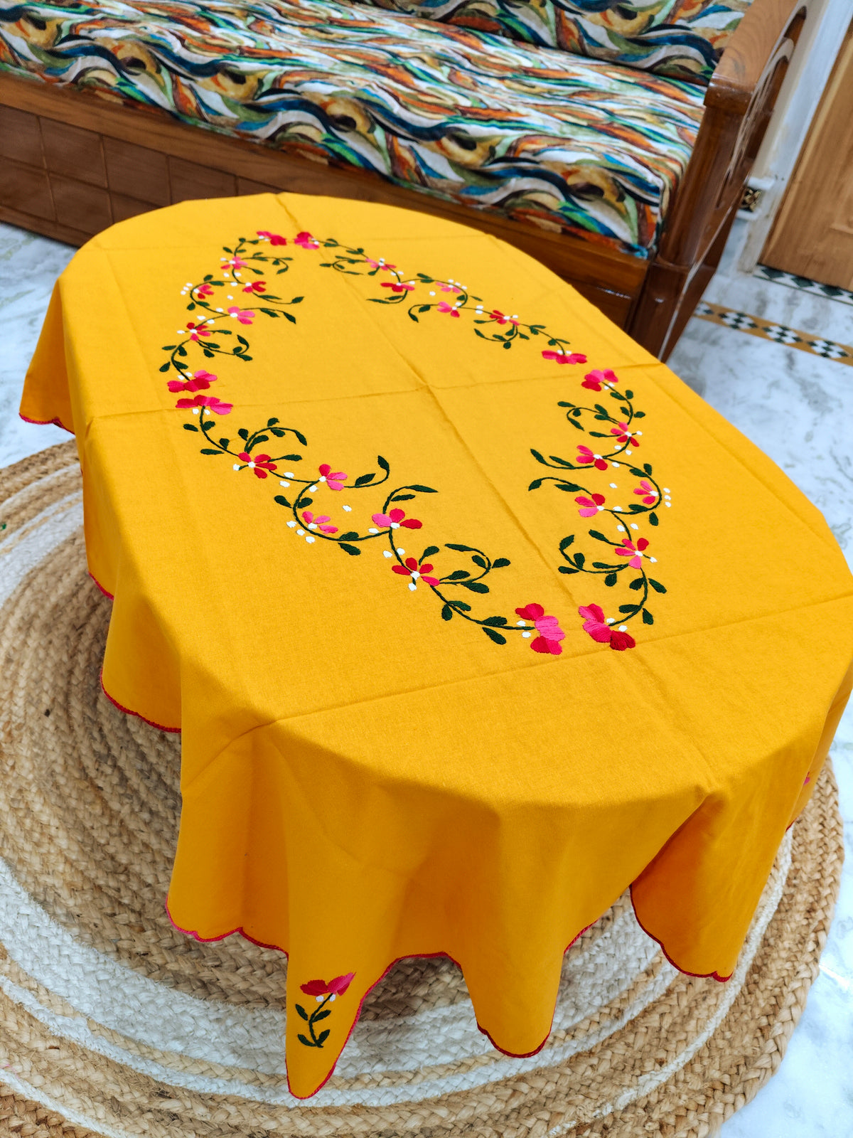 Hand Embroidered Four Seater Floral Table Cover