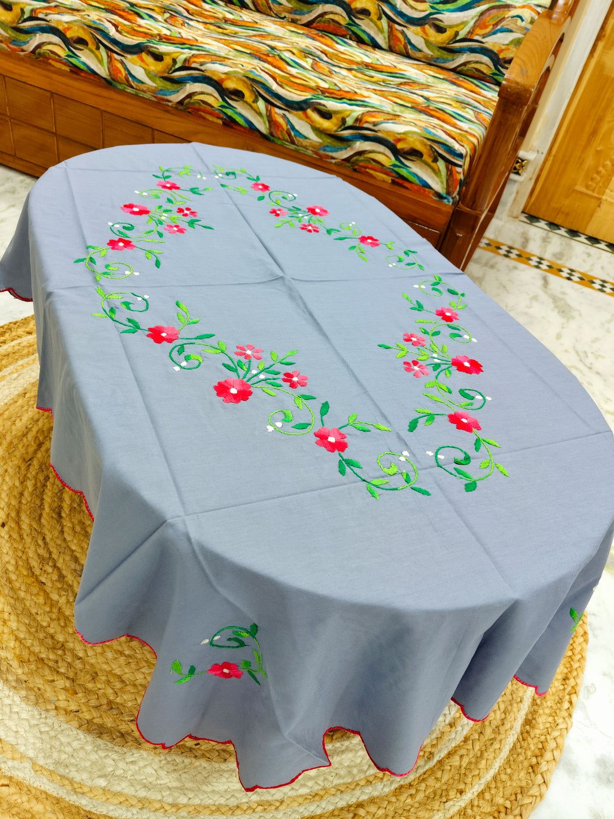 Hand Embroidered Four Seater Floral Table Cover