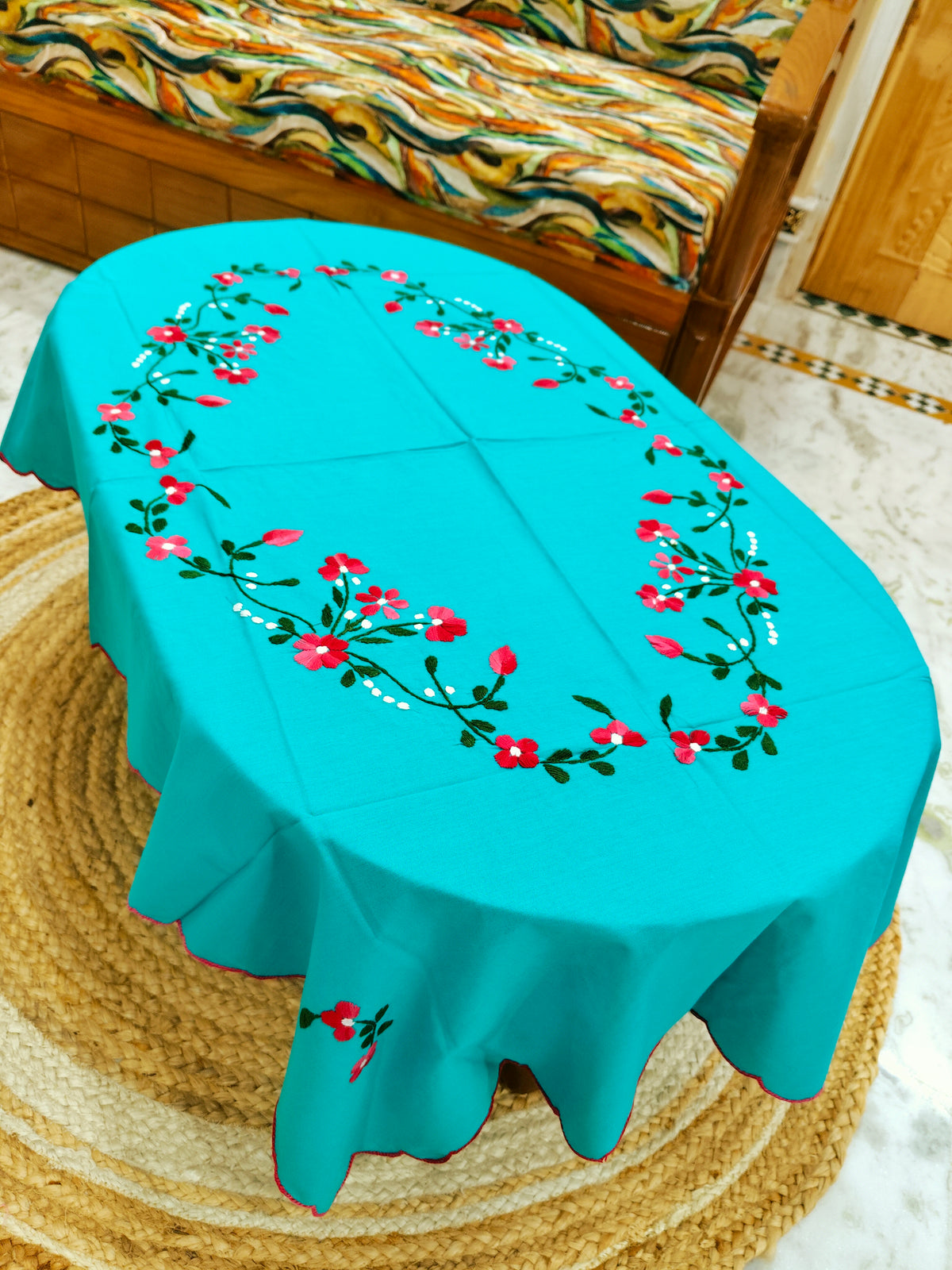 Hand Embroidered Four Seater Floral Table Cover