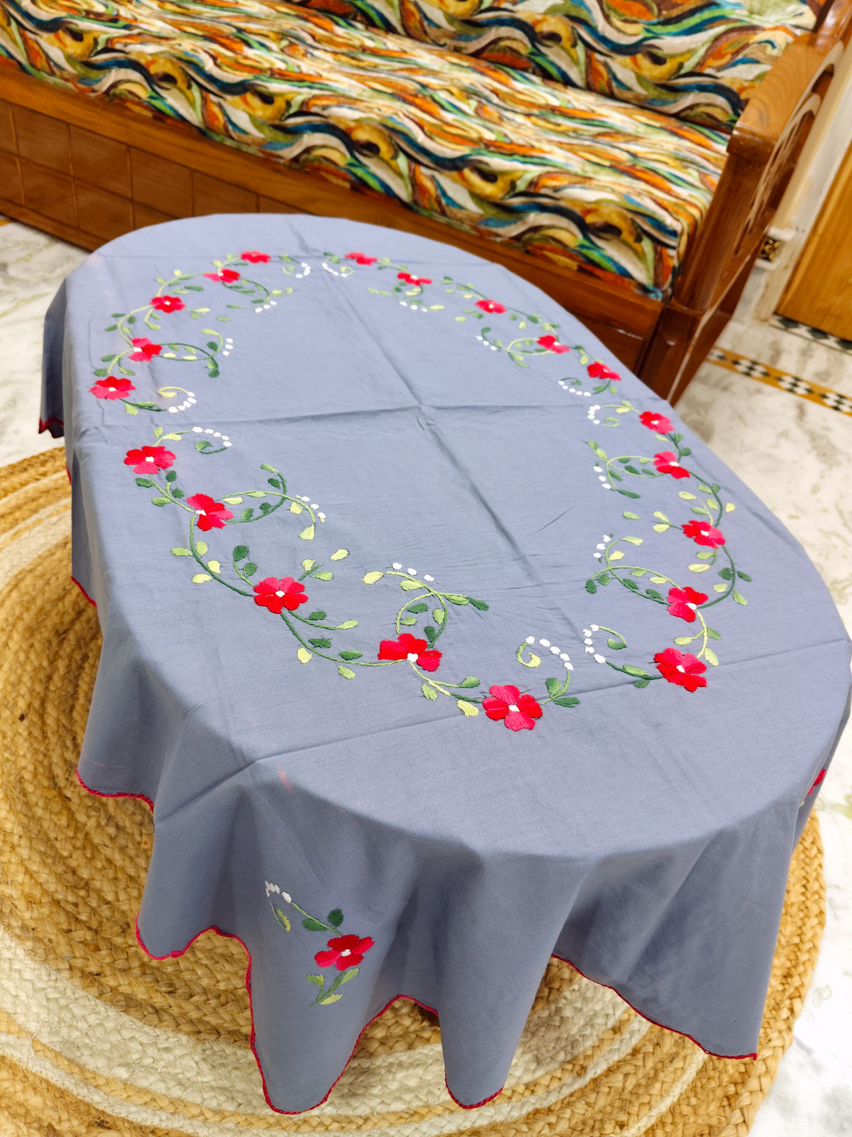 Hand Embroidered Four Seater Floral Table Cover