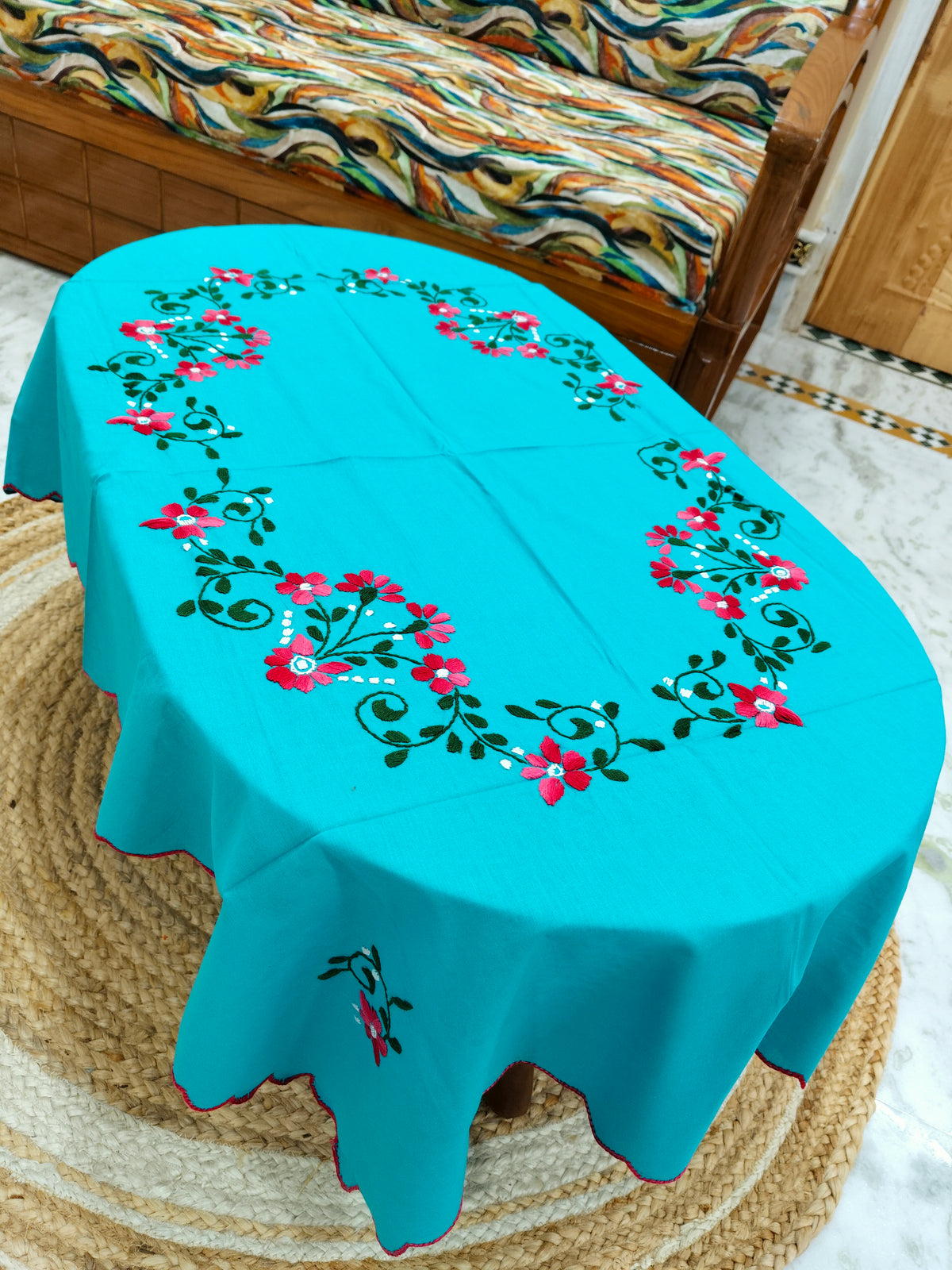 Hand Embroidered Four Seater Floral Table Cover