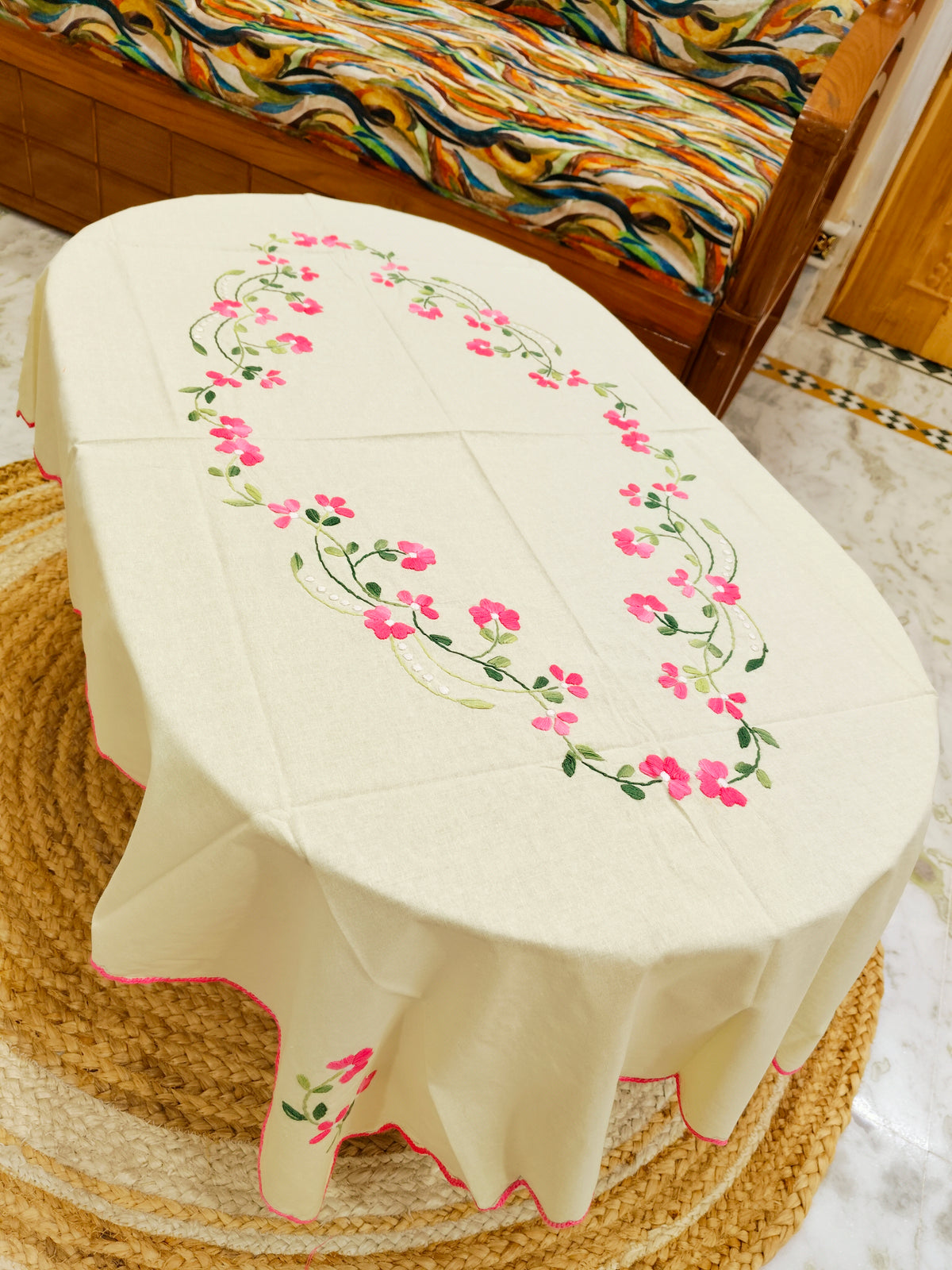 Hand Embroidered Four Seater Floral Table Cover