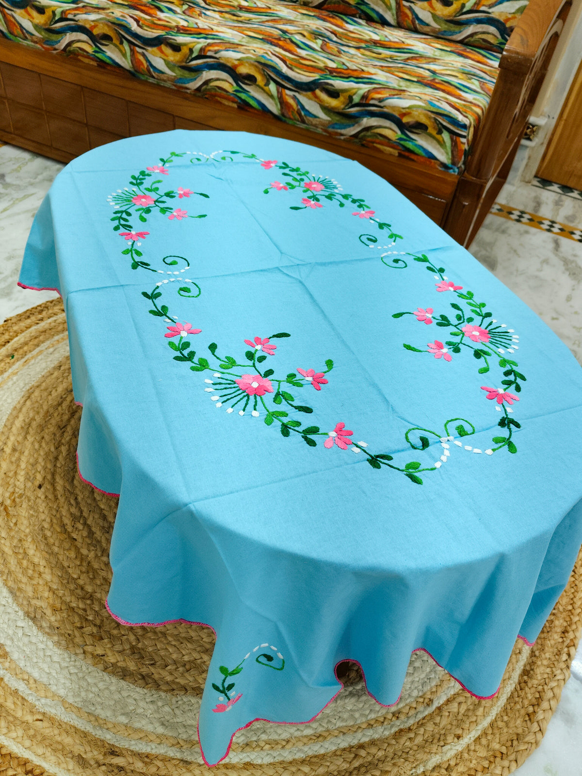 Hand Embroidered Four Seater Floral Table Cover