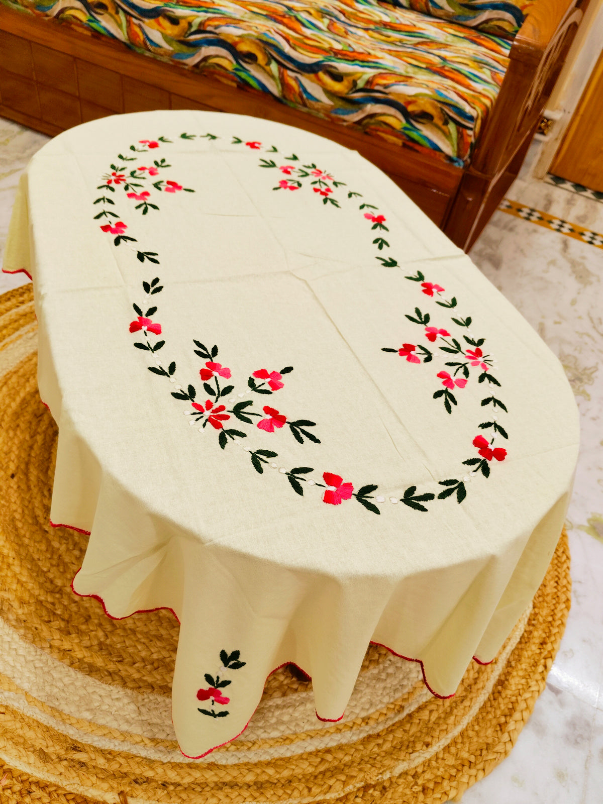 Hand Embroidered Four Seater Floral Table Cover