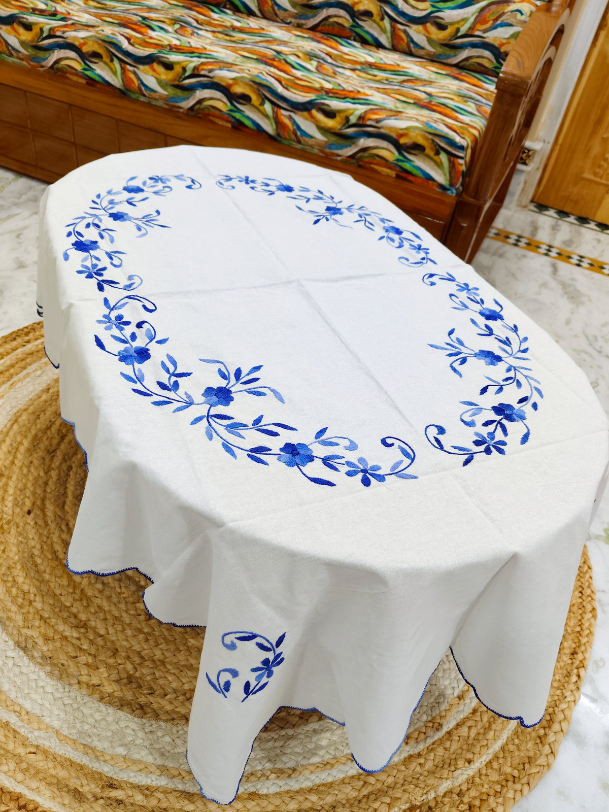 Hand Embroidered Four Seater Floral Table Cover
