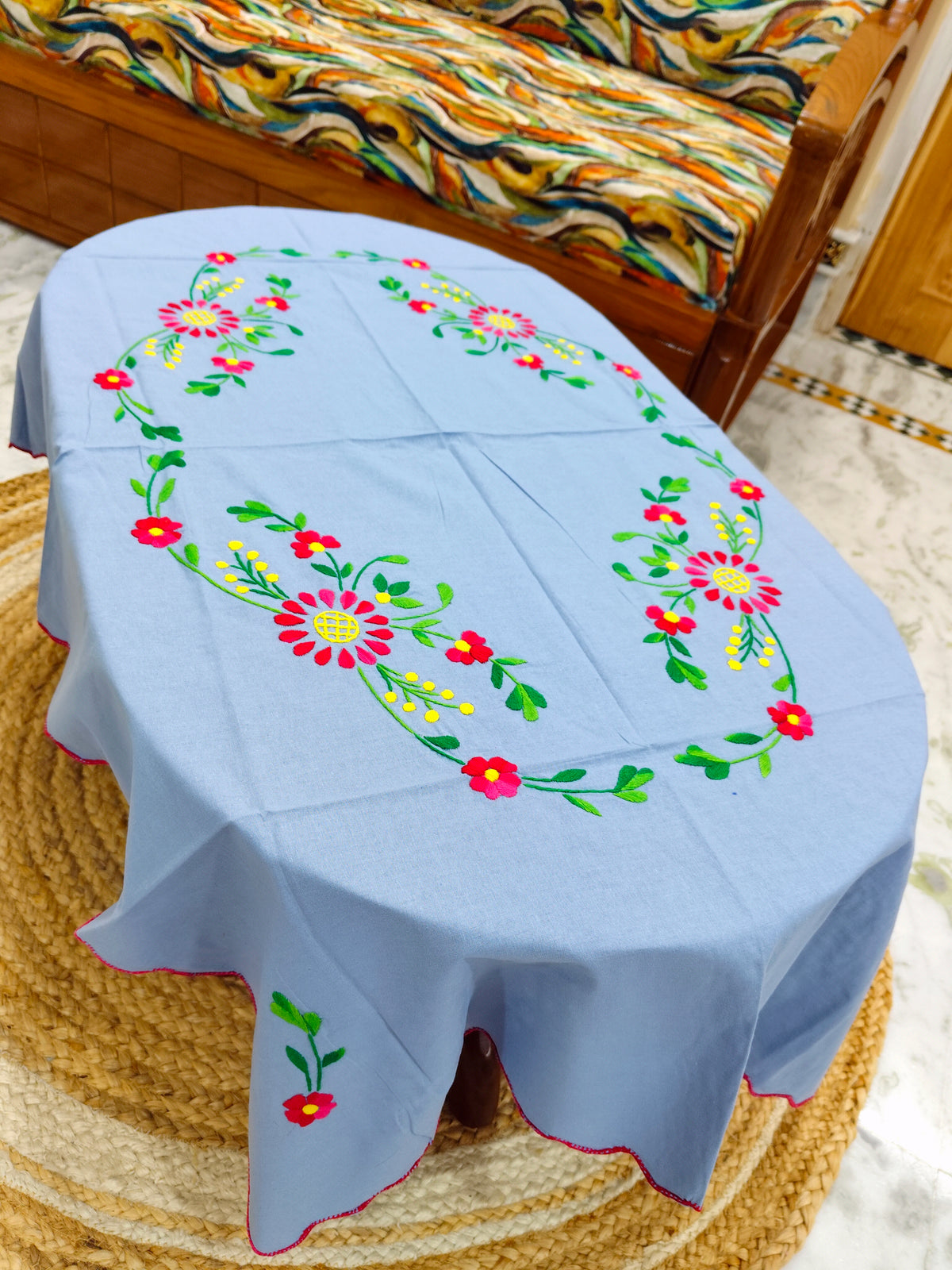 Hand Embroidered Four Seater Floral Table Cover