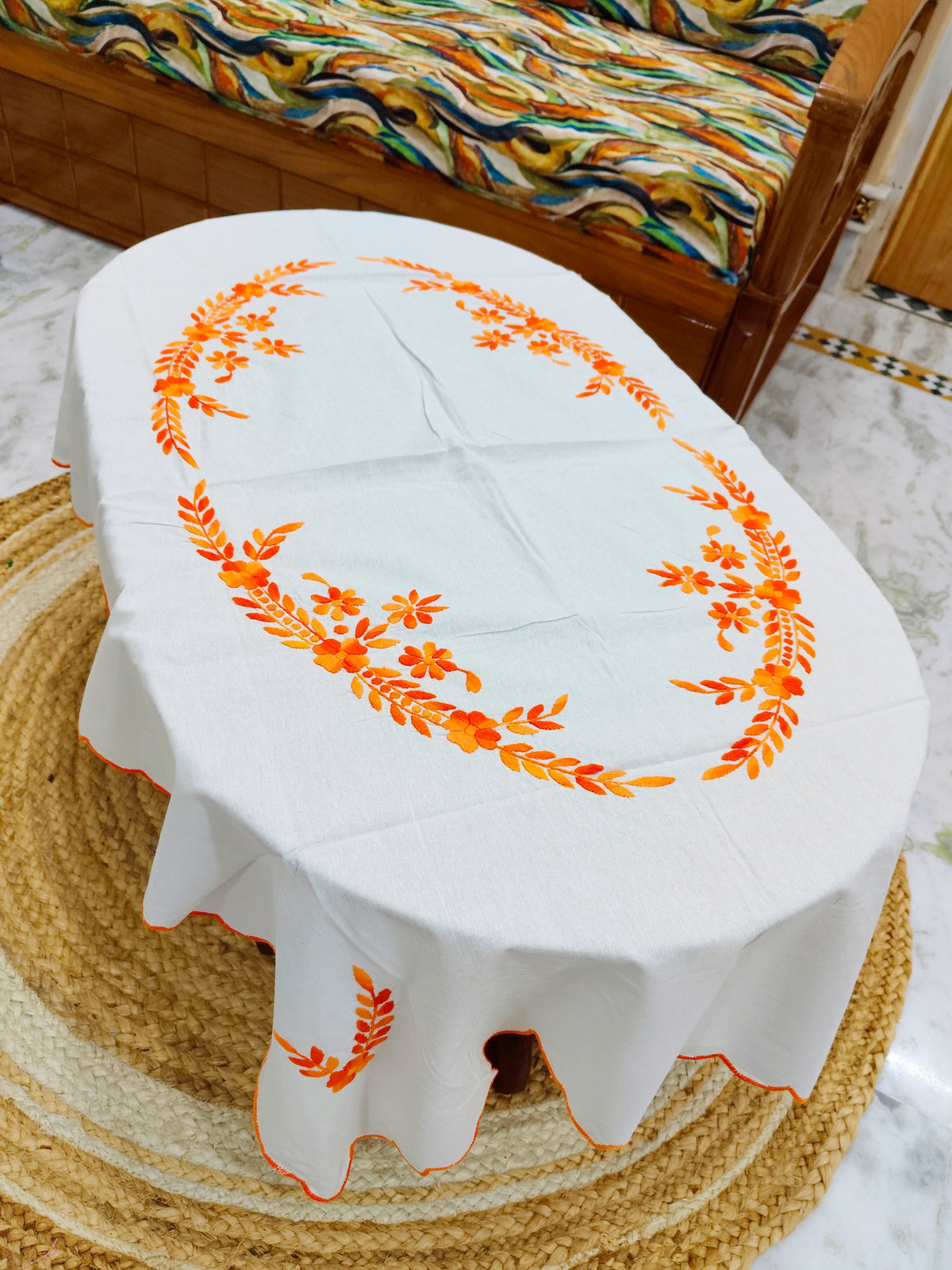 Hand Embroidered Four Seater Floral Table Cover