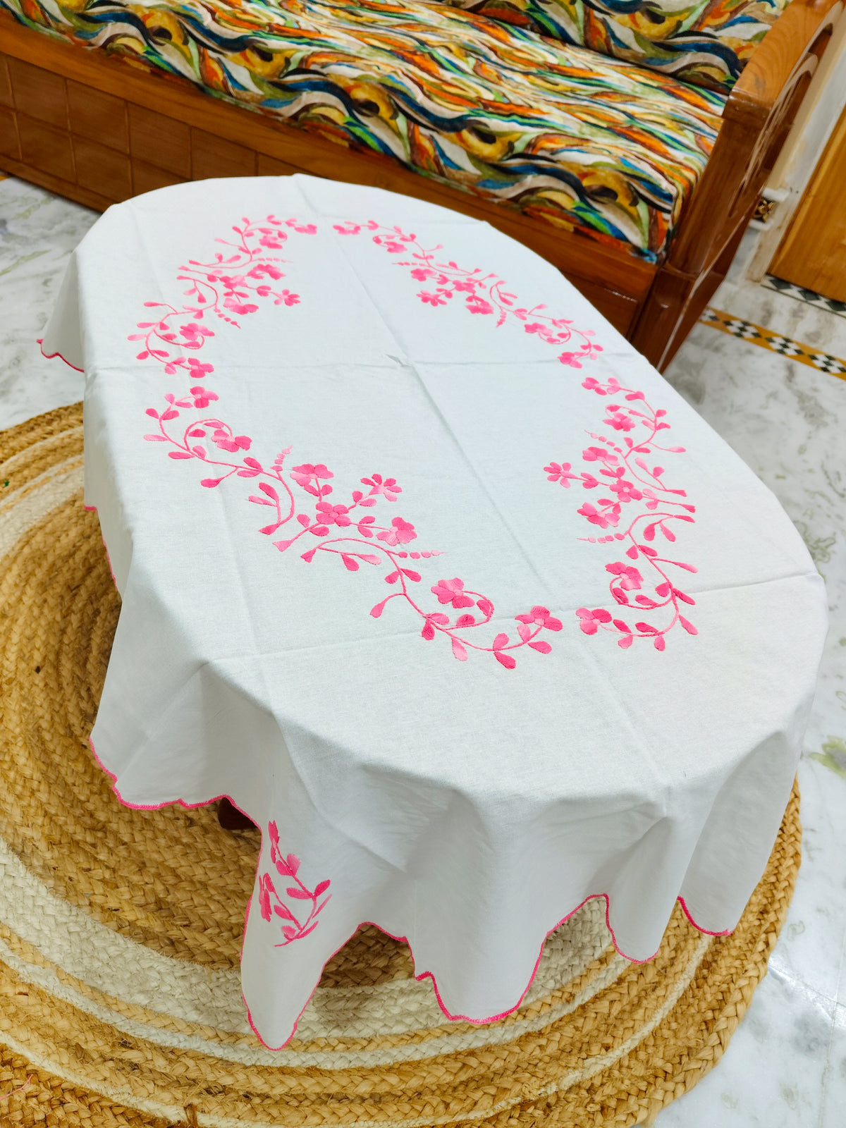Hand Embroidered Four Seater Floral Table Cover