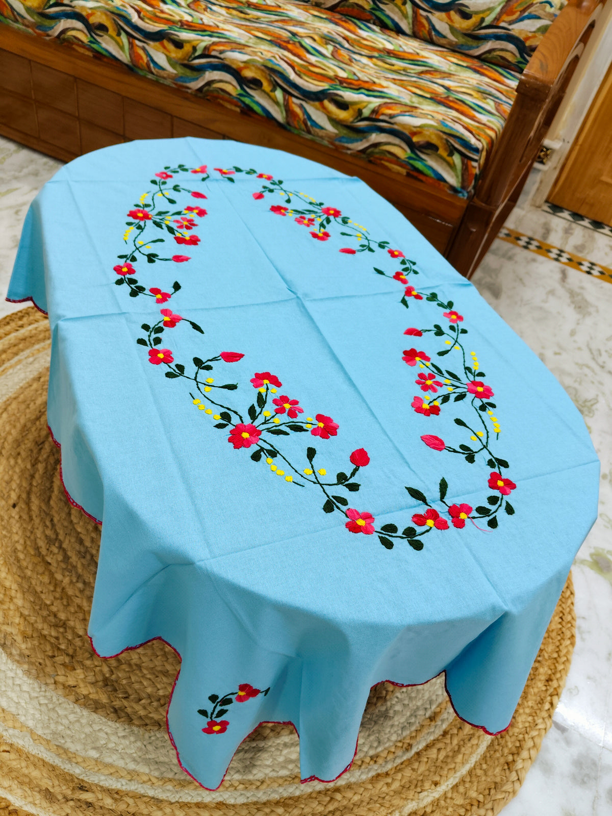 Hand Embroidered Four Seater Floral Table Cover