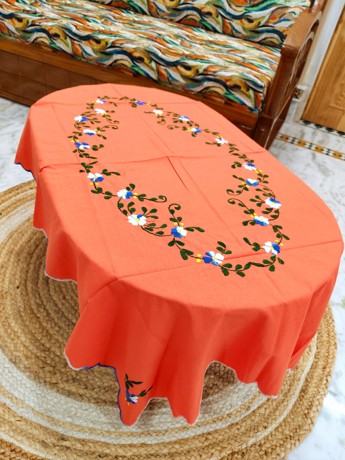 Hand Embroidered Four Seater Floral Table Cover